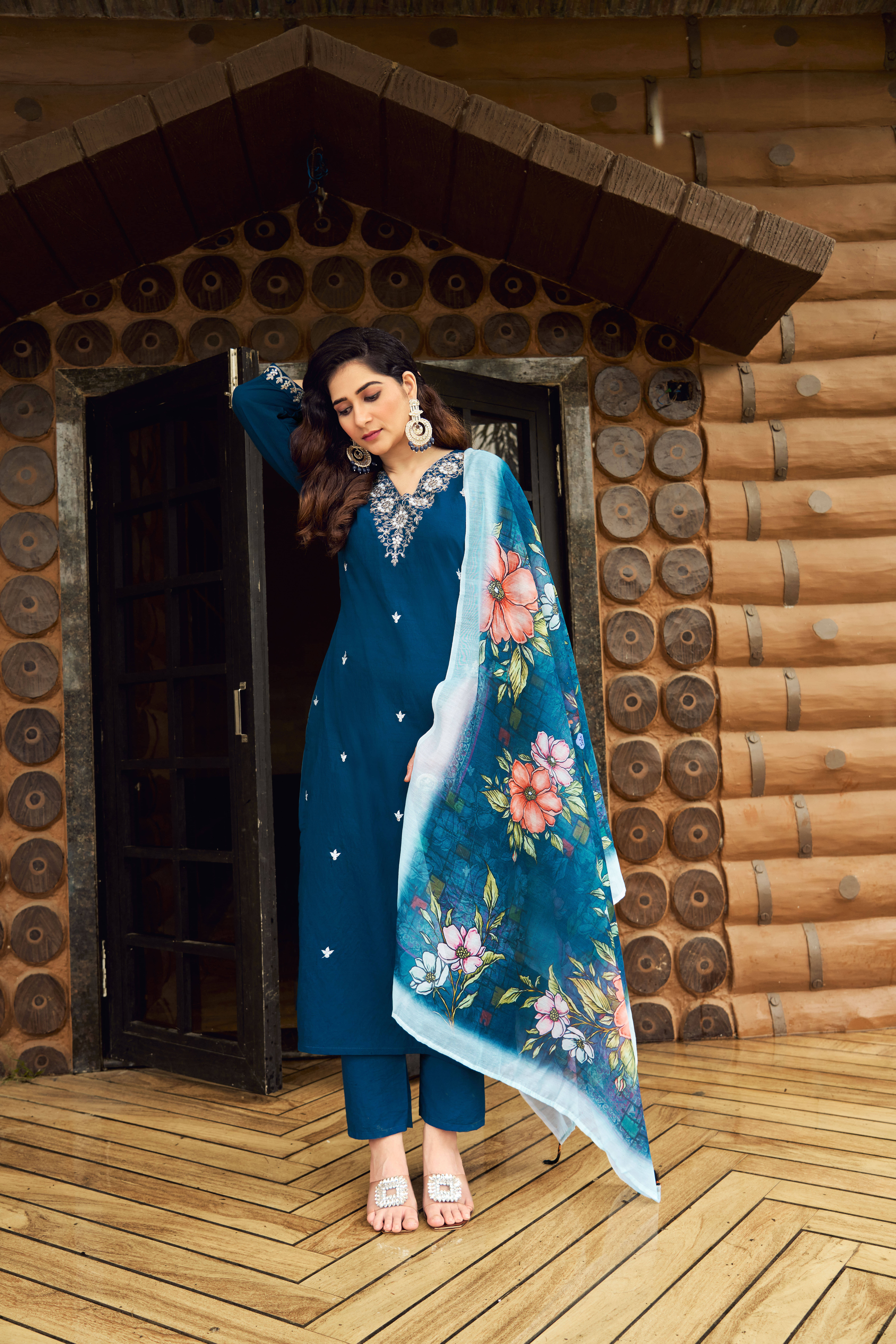 Derifa Women Silk Blend Embroidered A-line Kurti With Pants ( Teal ) Derifa Women Silk Blend Embroidered A-line Kurti With Pants ( Teal )