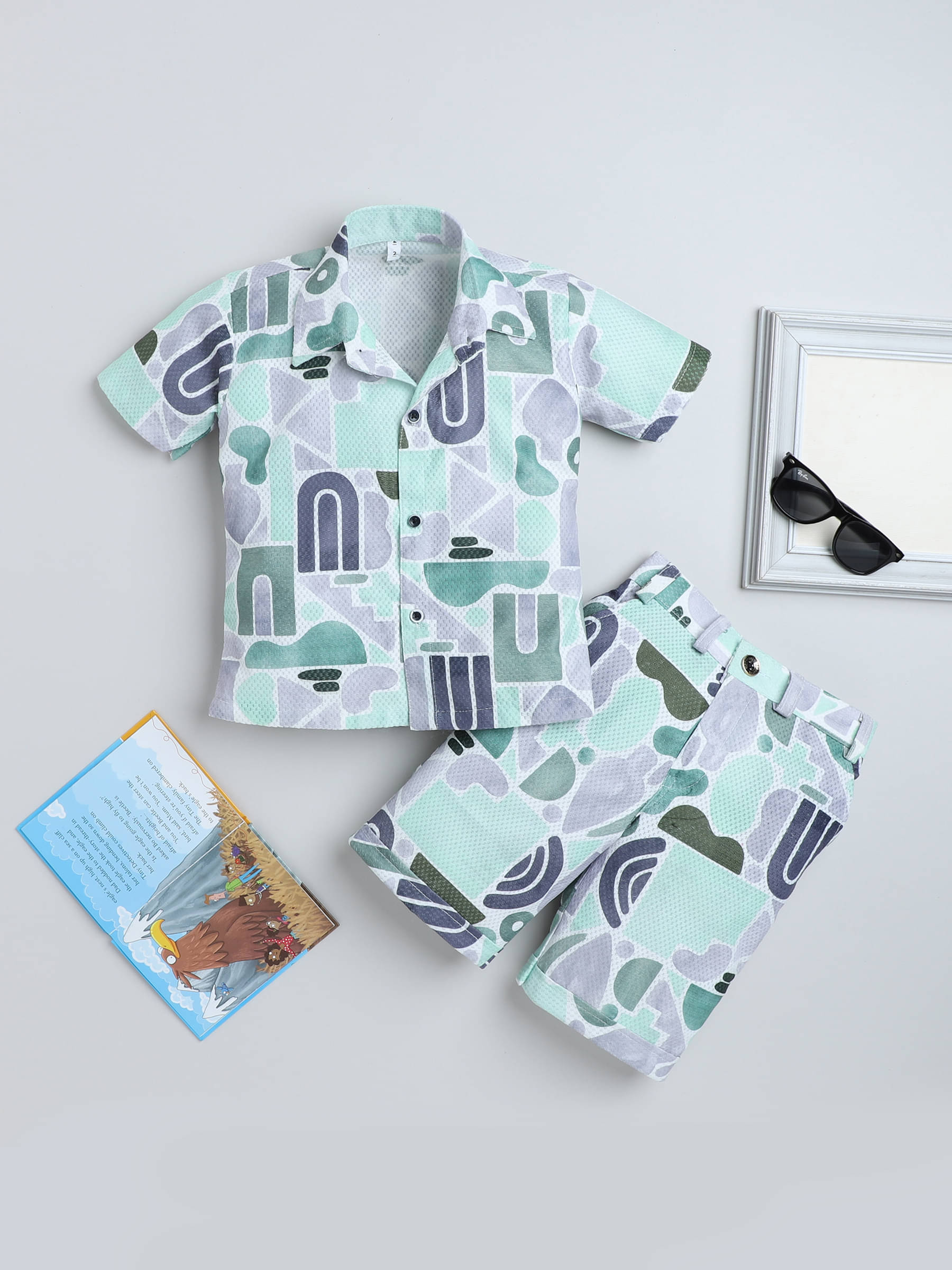     			Fourfolds Pack of 1 Boys Cotton Blend Shirt & Shorts Set ( Sea Green )