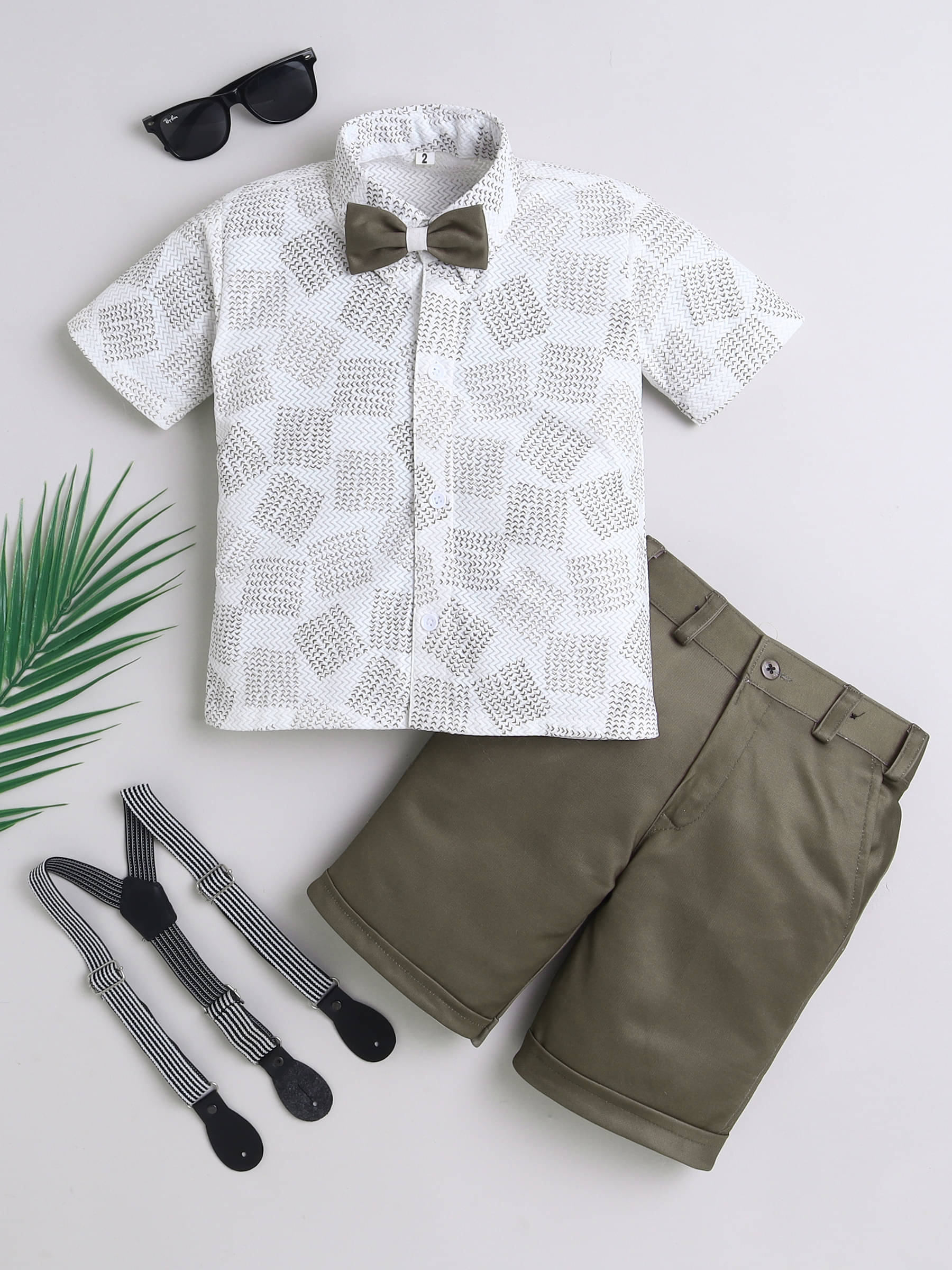     			Fourfolds Pack of 1 Boys Cotton Blend Shirt & Shorts Set ( Olive )