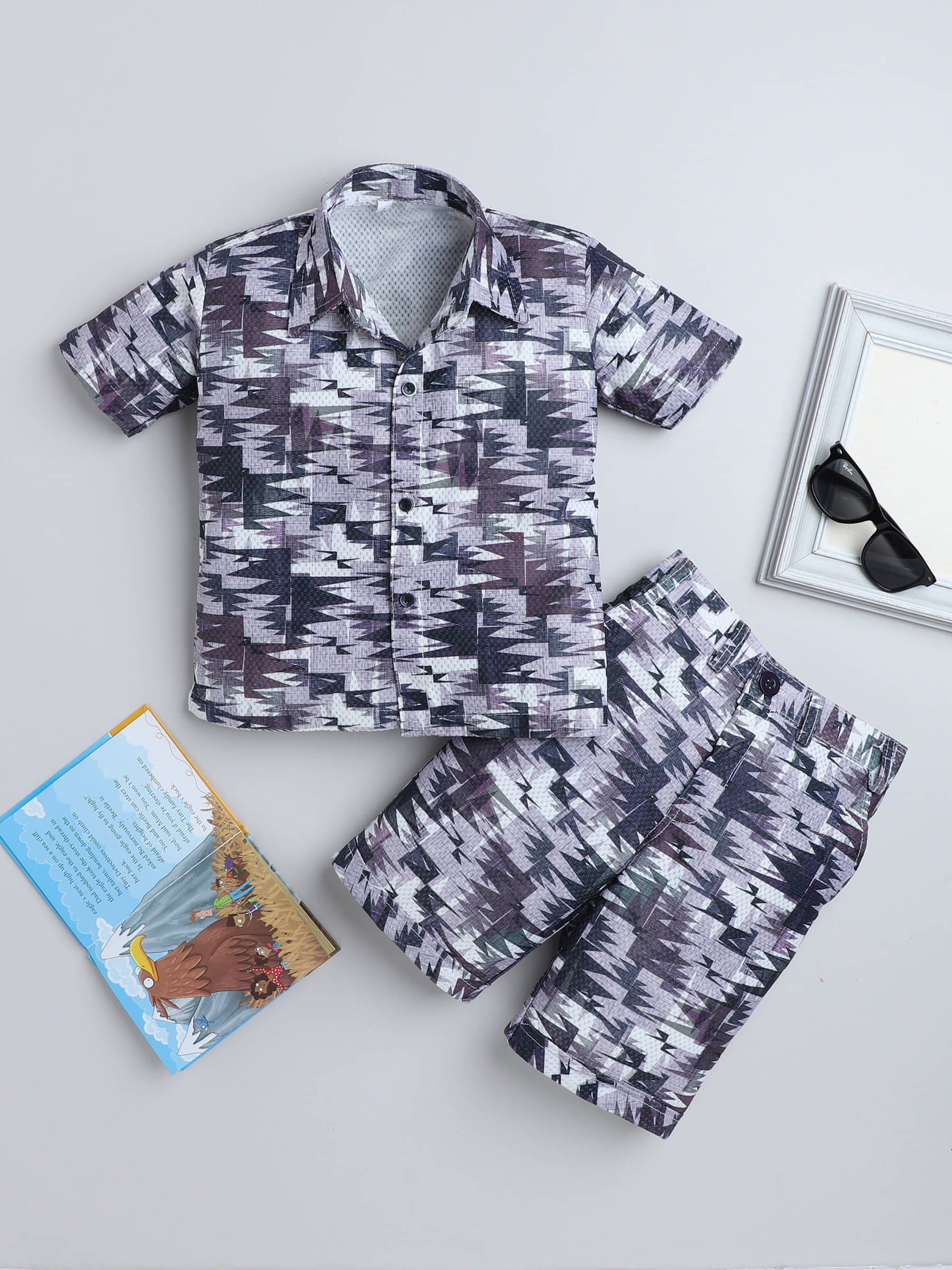     			Fourfolds Pack of 1 Boys Cotton Blend Shirt & Shorts Set ( Mauve )