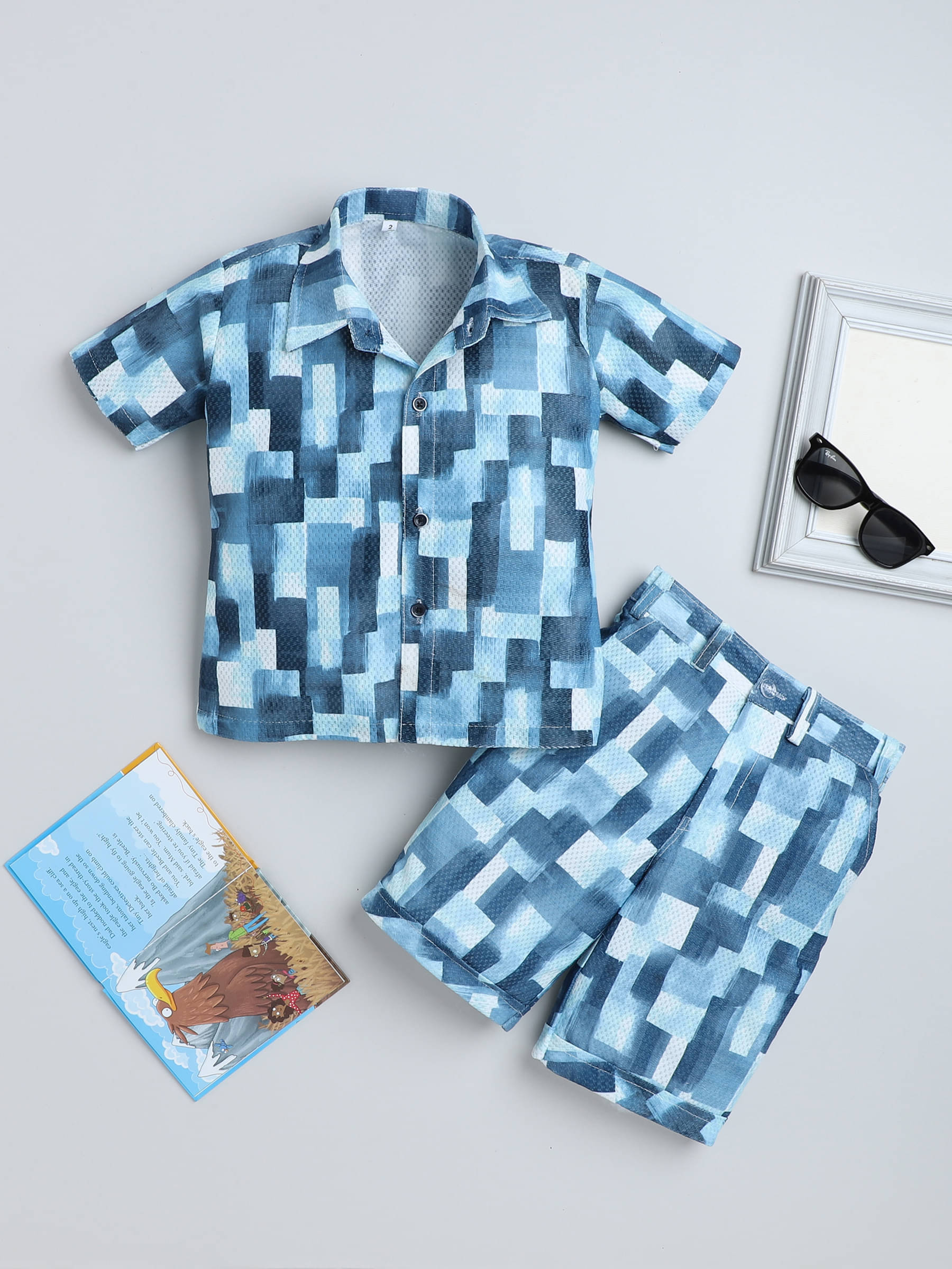     			Fourfolds Pack of 1 Boys Cotton Blend Shirt & Shorts Set ( Blue )