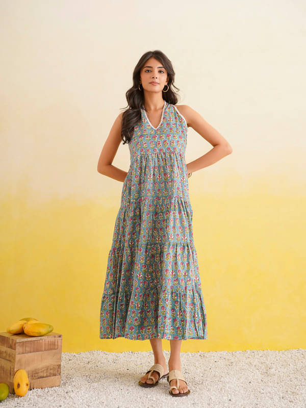 Goodhand Women Cotton Printed Fit & Flare Dress ( Turquoise ) Goodhand Women Cotton Printed Fit & Flare Dress ( Turquoise )