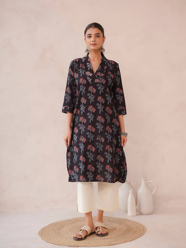 Goodhand Women Cotton Printed Straight Kurti ( Black )     			Goodhand Women Cotton Printed Straight Kurti ( Black )