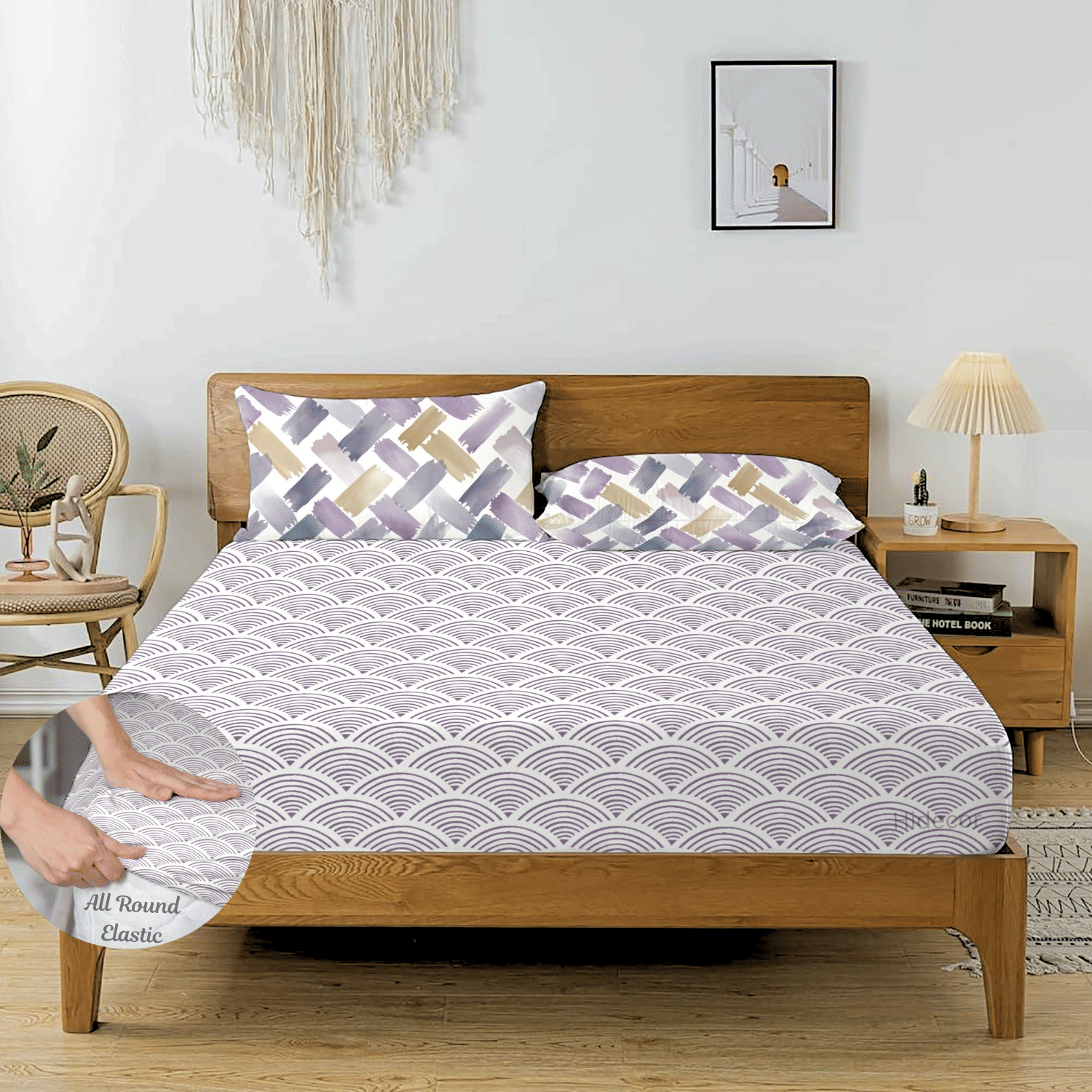     			HIDECOR Microfibre Floral Fitted 1 Bedsheet with 2 Pillow Covers ( King Size ) - Purple