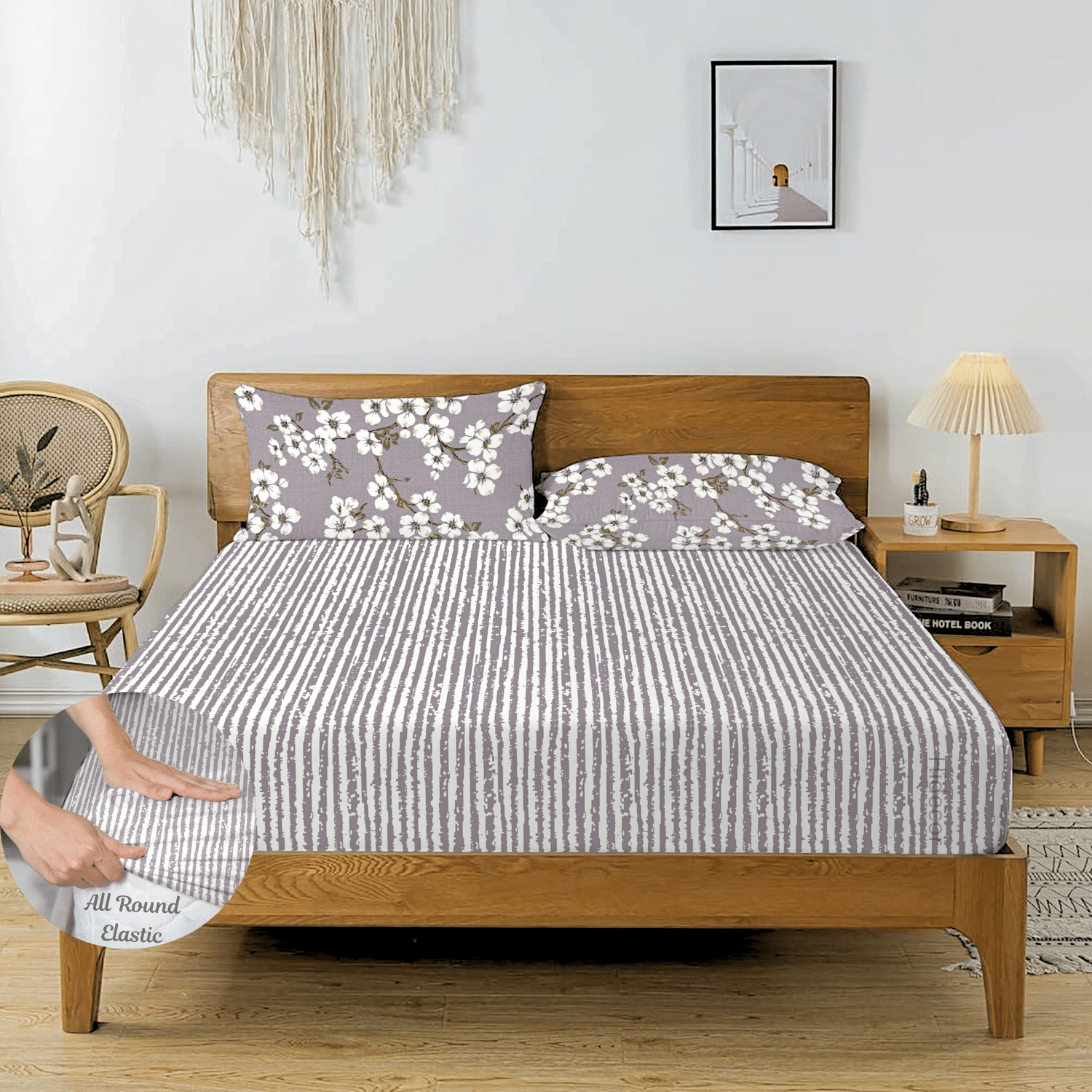     			HIDECOR Microfibre Striped Fitted 1 Bedsheet with 2 Pillow Covers ( King Size ) - Multi