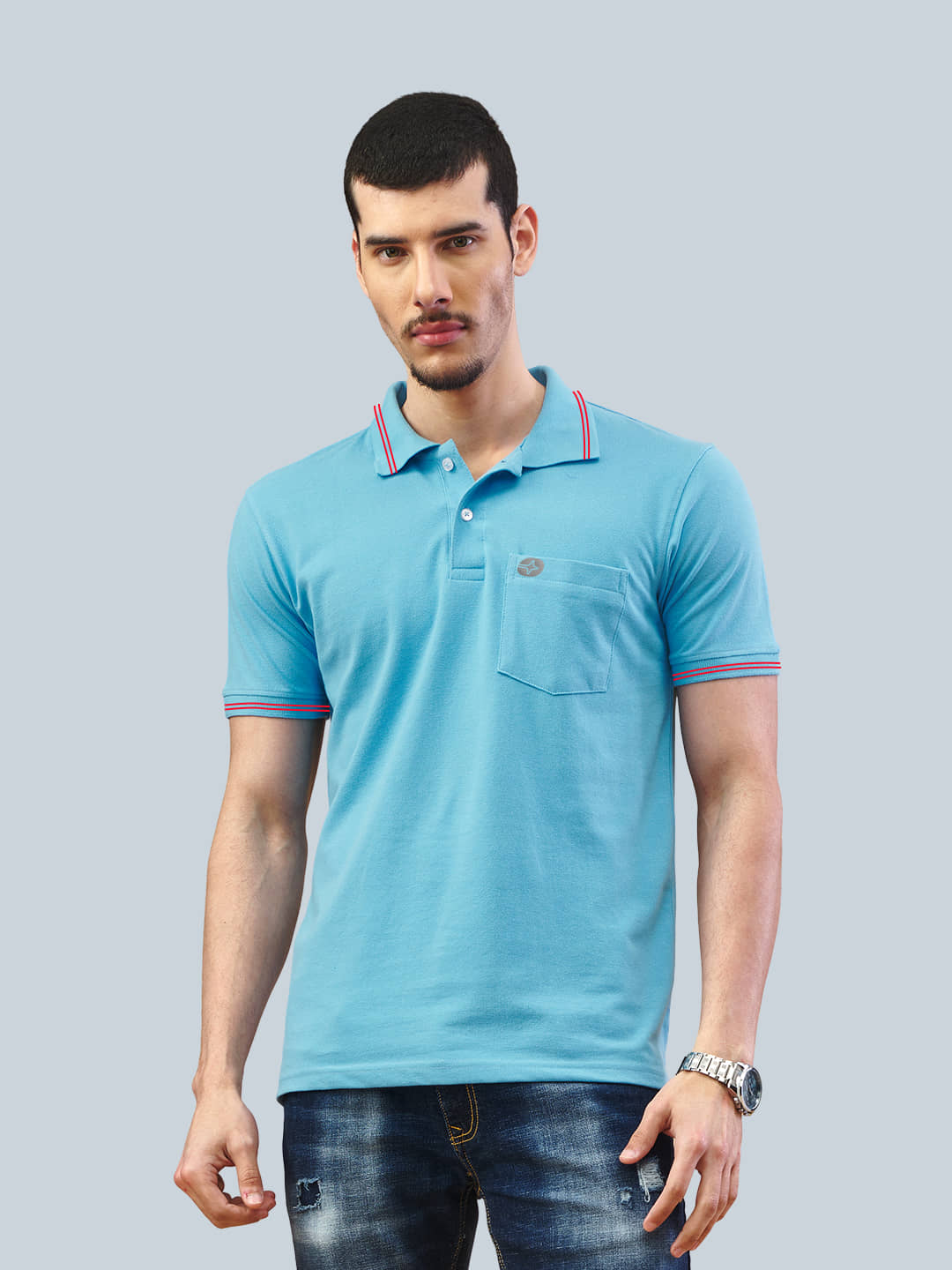 Lux Nitro Men Cotton Regular Fit Solid Polo T Shirt ( Sky Blue )