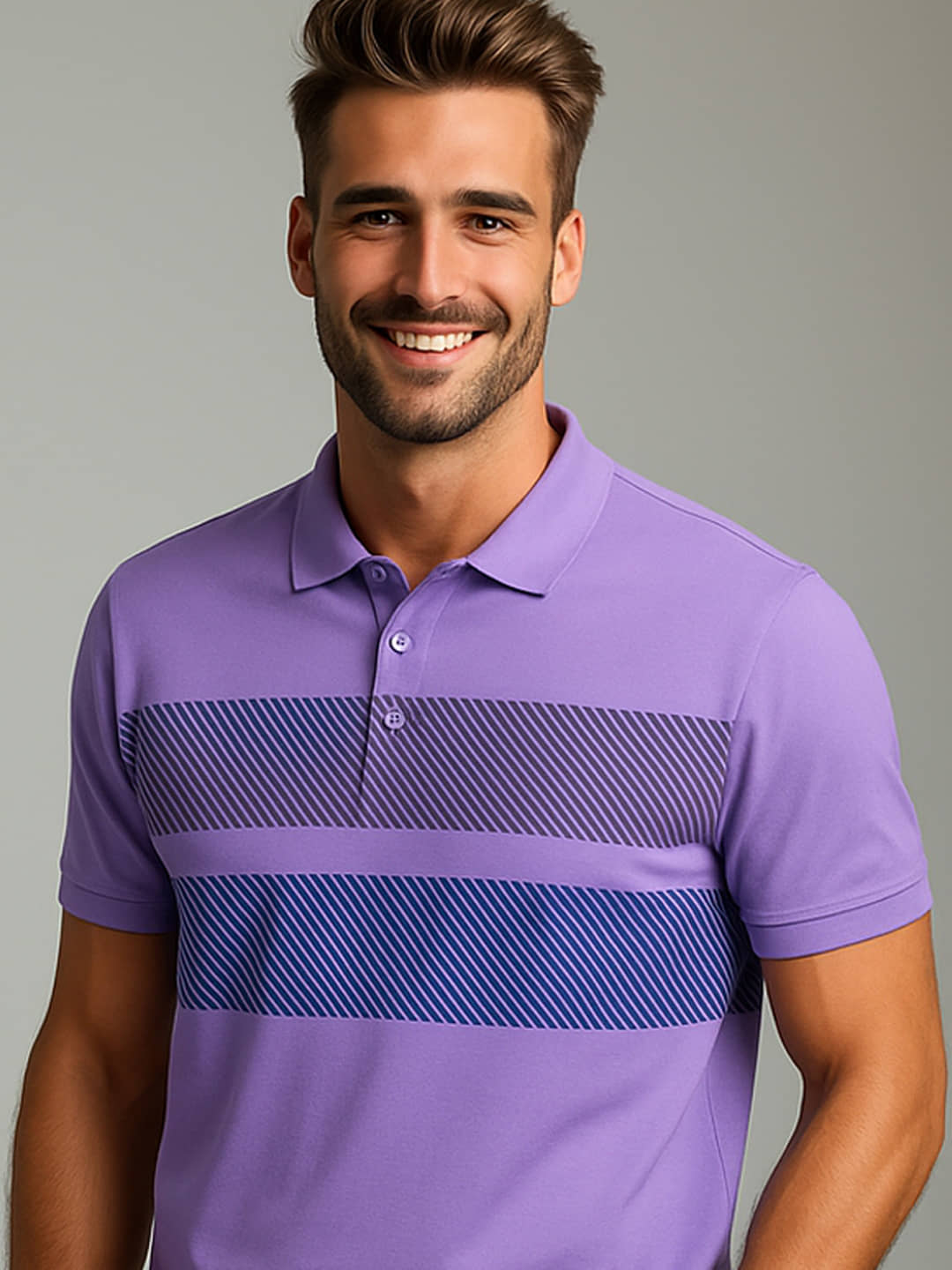 Merriment Men Cotton Blend Regular Fit Printed Polo T Shirt ( Lavender )