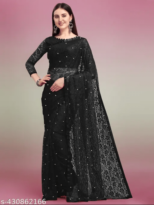     			Nilkanthvarni Creation Net Embellished Saree With Unstitched Blouse Piece ( Black )