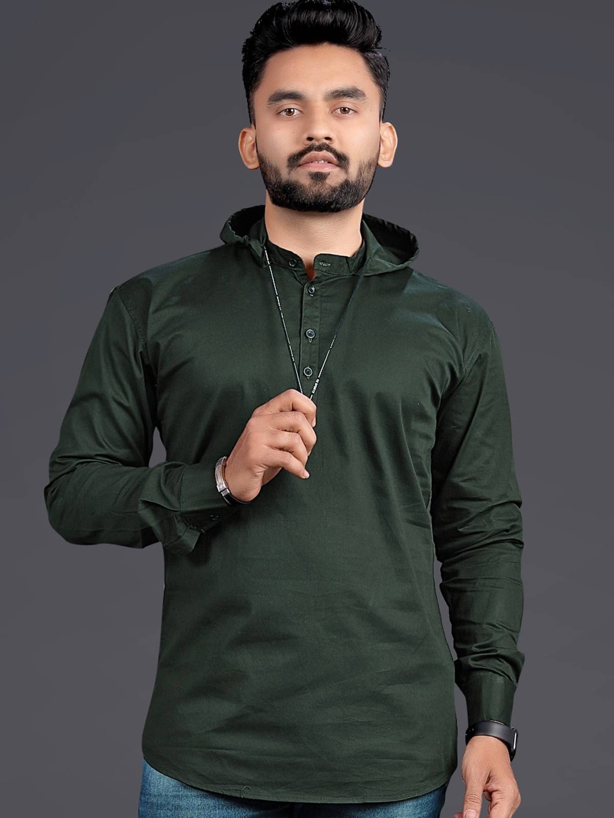     			Reiter Dark Green Cotton Blend Men's Shirt Style Kurta ( Pack of 1 )