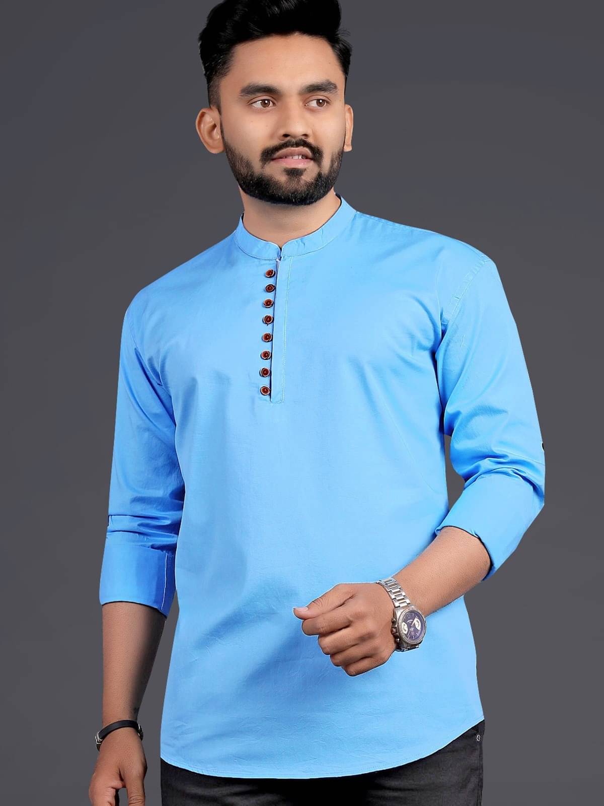     			Reiter Light Blue Cotton Blend Men's Shirt Style Kurta ( Pack of 1 )