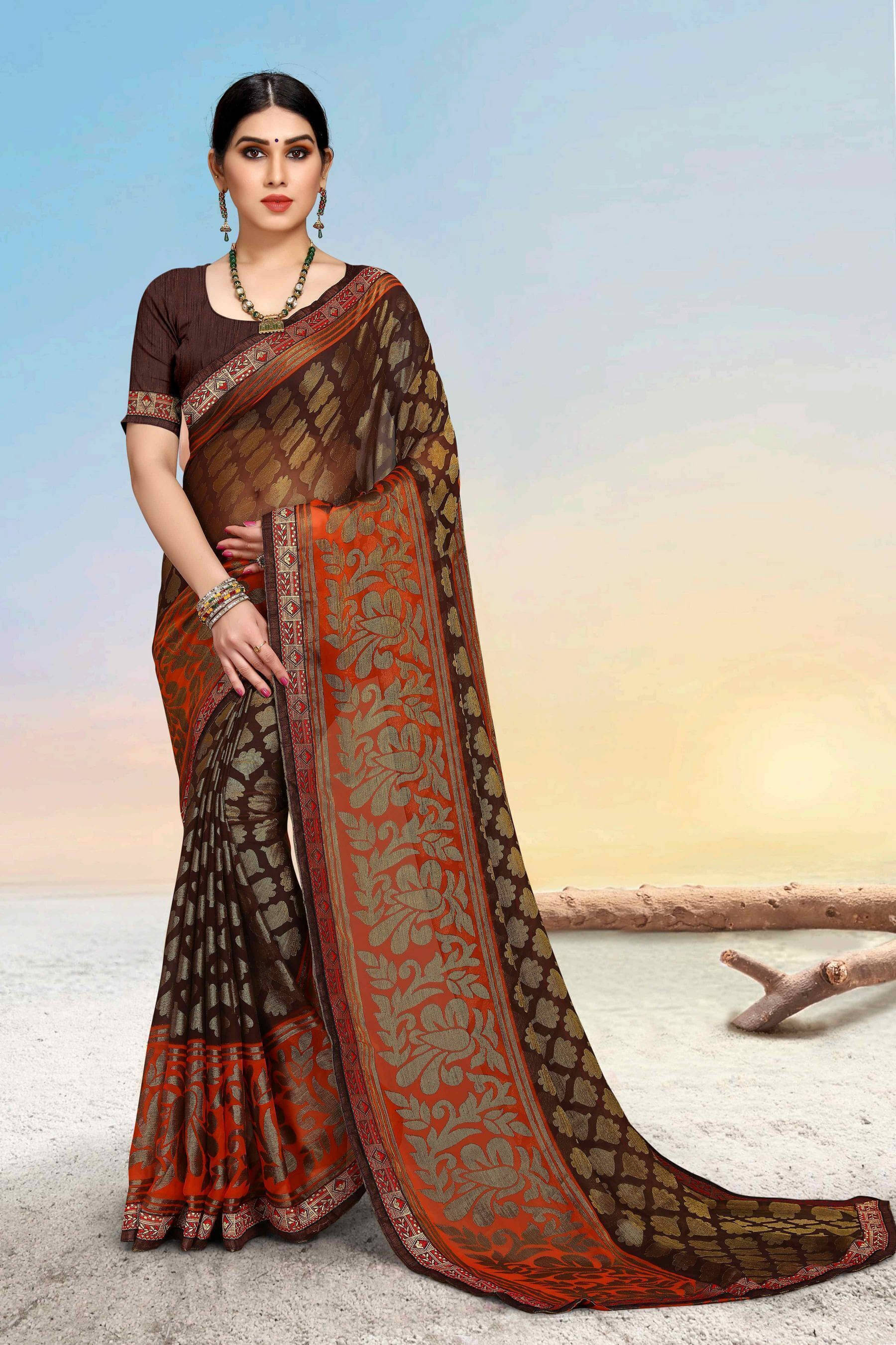 SAREEVE Brasso Printed Saree With Unstitched Blouse Piece ( Brown ) SAREEVE Brasso Printed Saree With Unstitched Blouse Piece ( Brown )