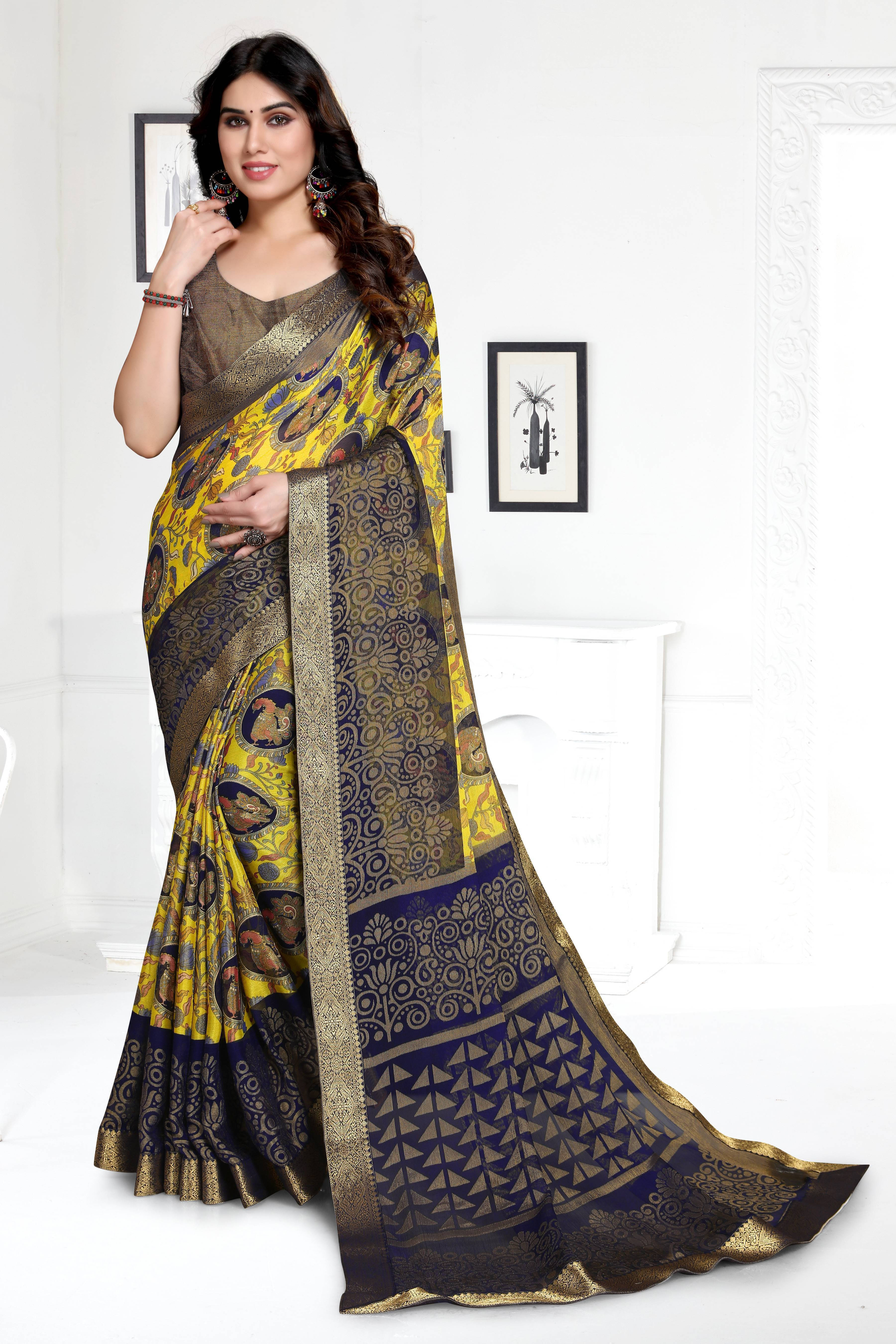     			SAREEVE Brasso Printed Saree With Unstitched Blouse Piece ( Yellow )