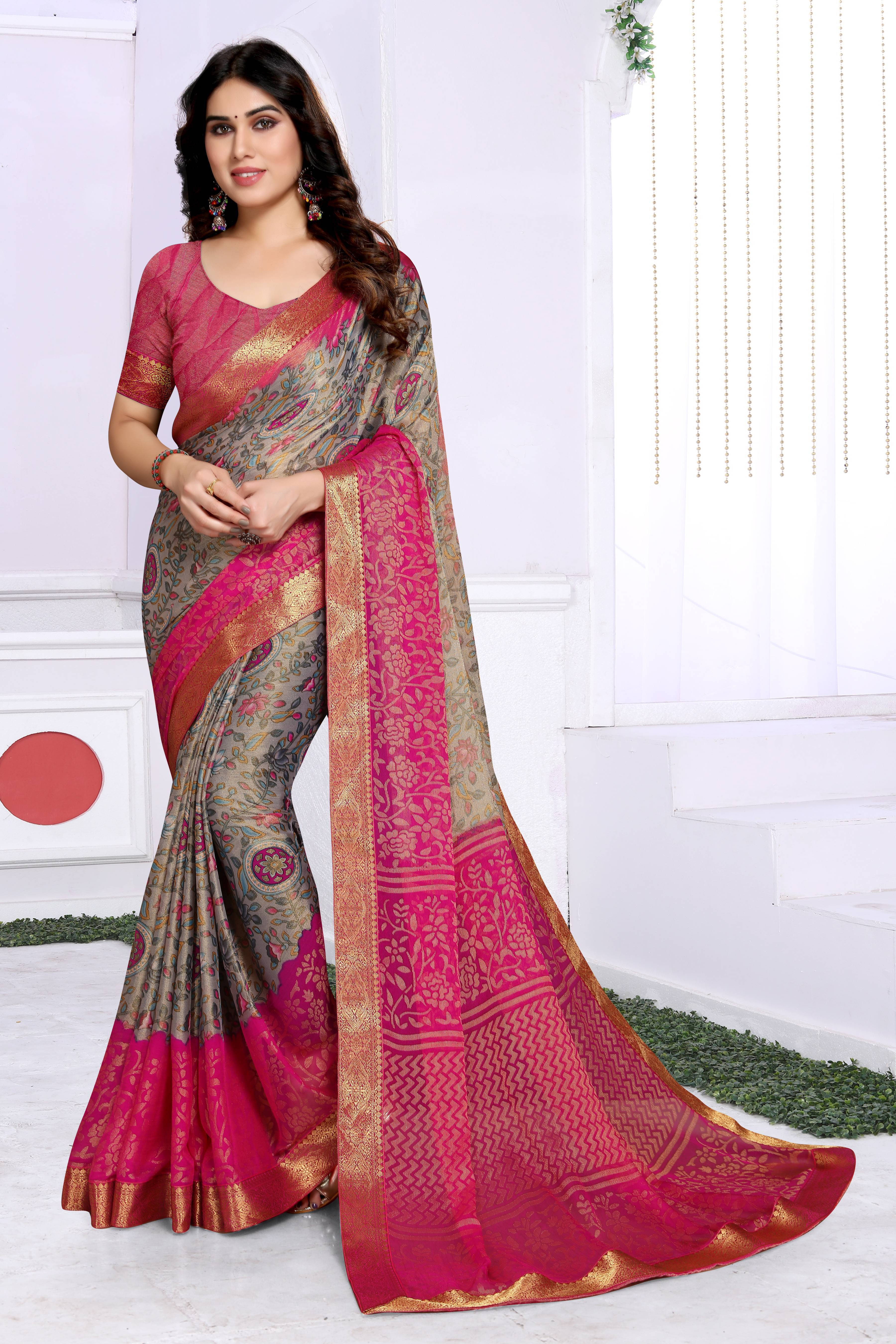     			SAREEVE Brasso Printed Saree With Unstitched Blouse Piece ( Grey )