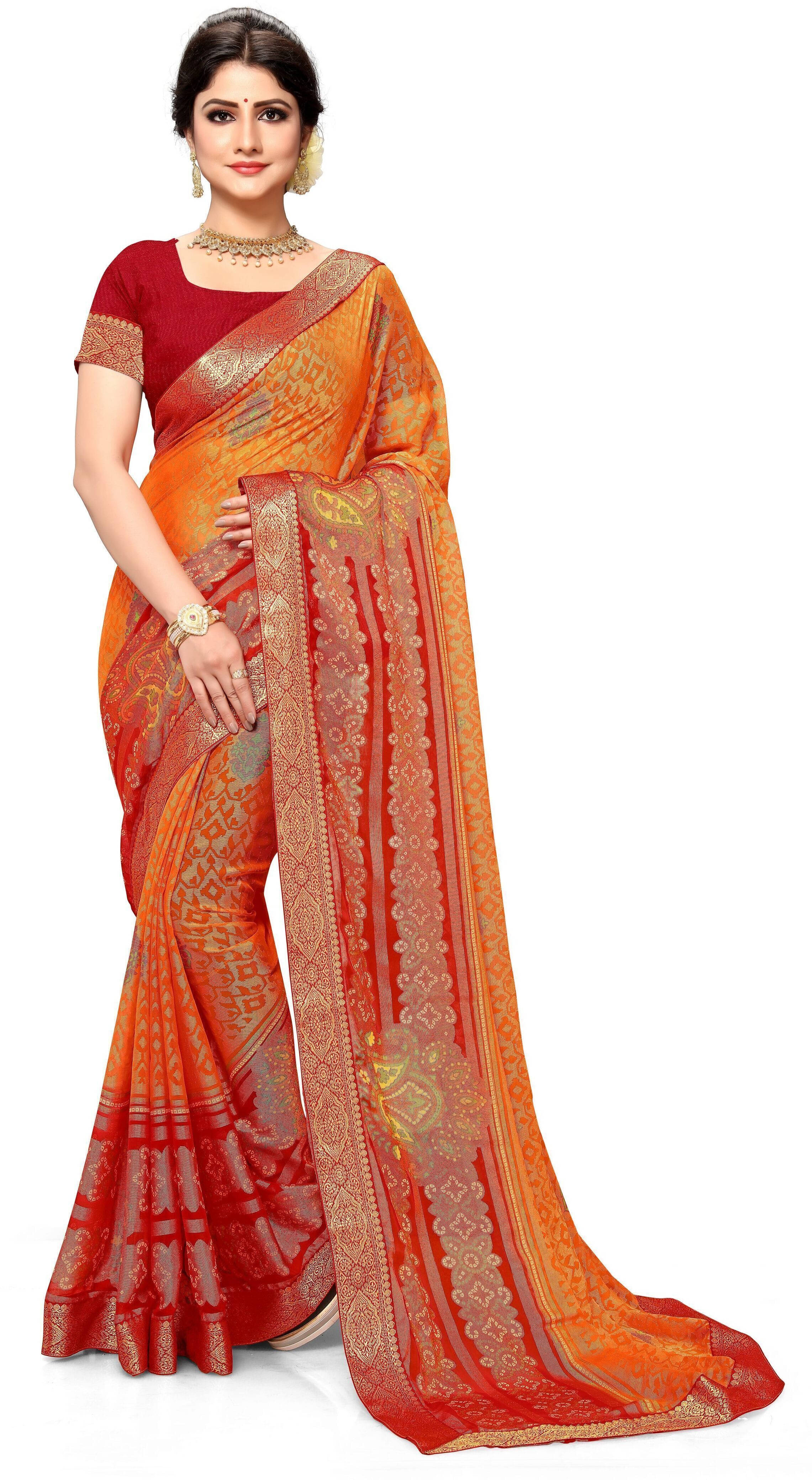 SAREEVE Brasso Printed Saree With Unstitched Blouse Piece ( Orange ) SAREEVE Brasso Printed Saree With Unstitched Blouse Piece ( Orange )