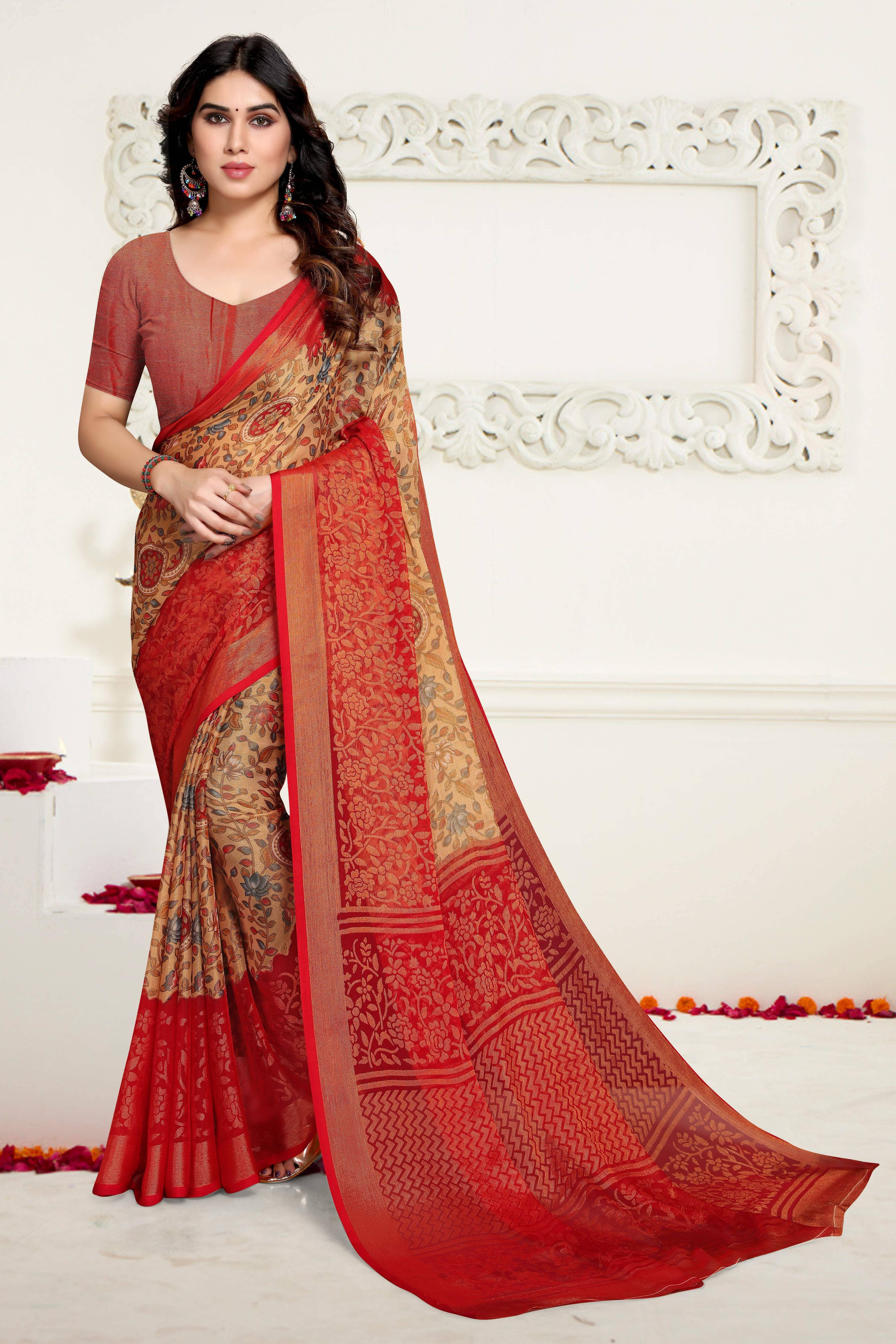     			SAREEVE Brasso Printed Saree With Unstitched Blouse Piece ( Maroon )