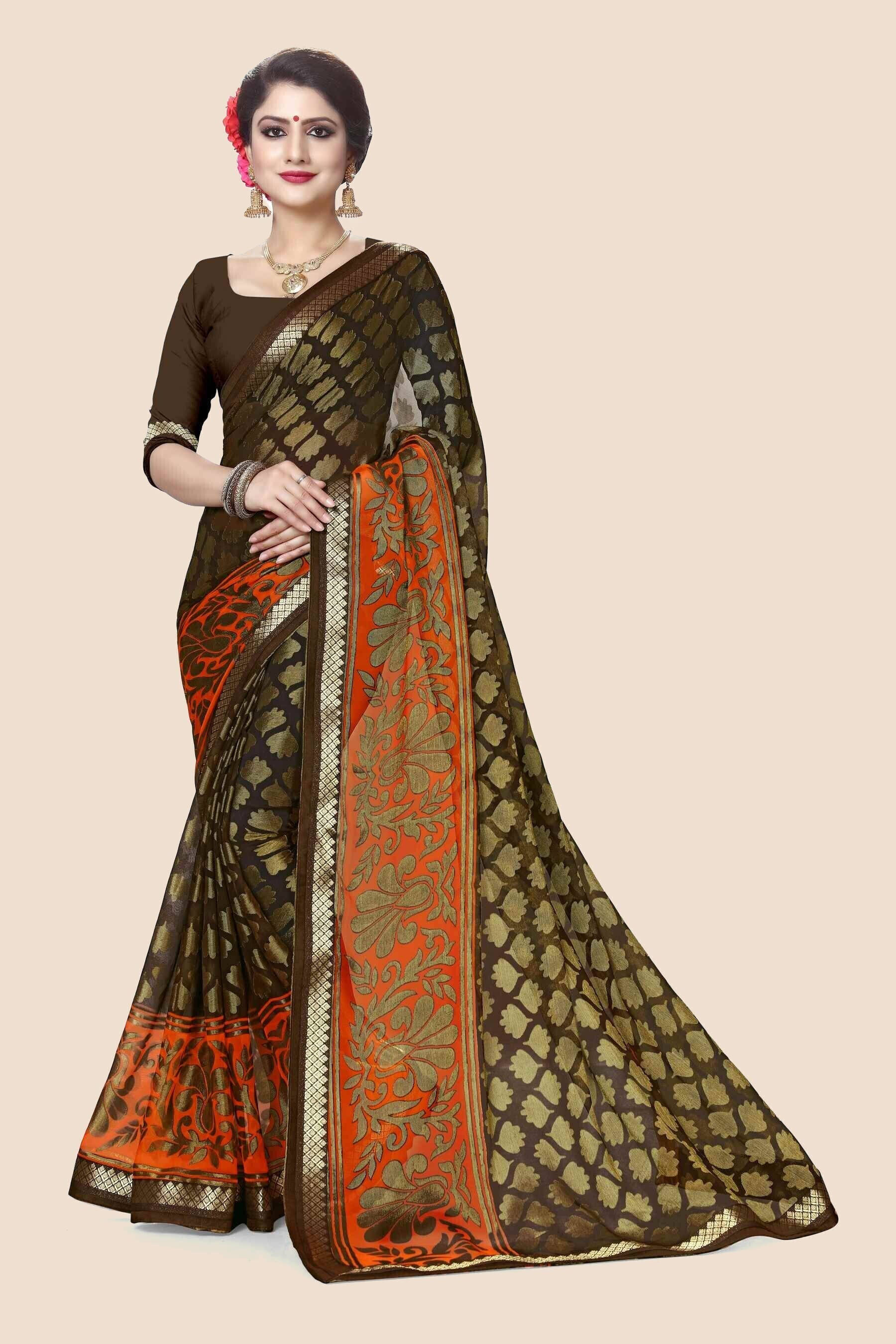SAREEVE Brasso Printed Saree With Unstitched Blouse Piece ( Brown ) SAREEVE Brasso Printed Saree With Unstitched Blouse Piece ( Brown )