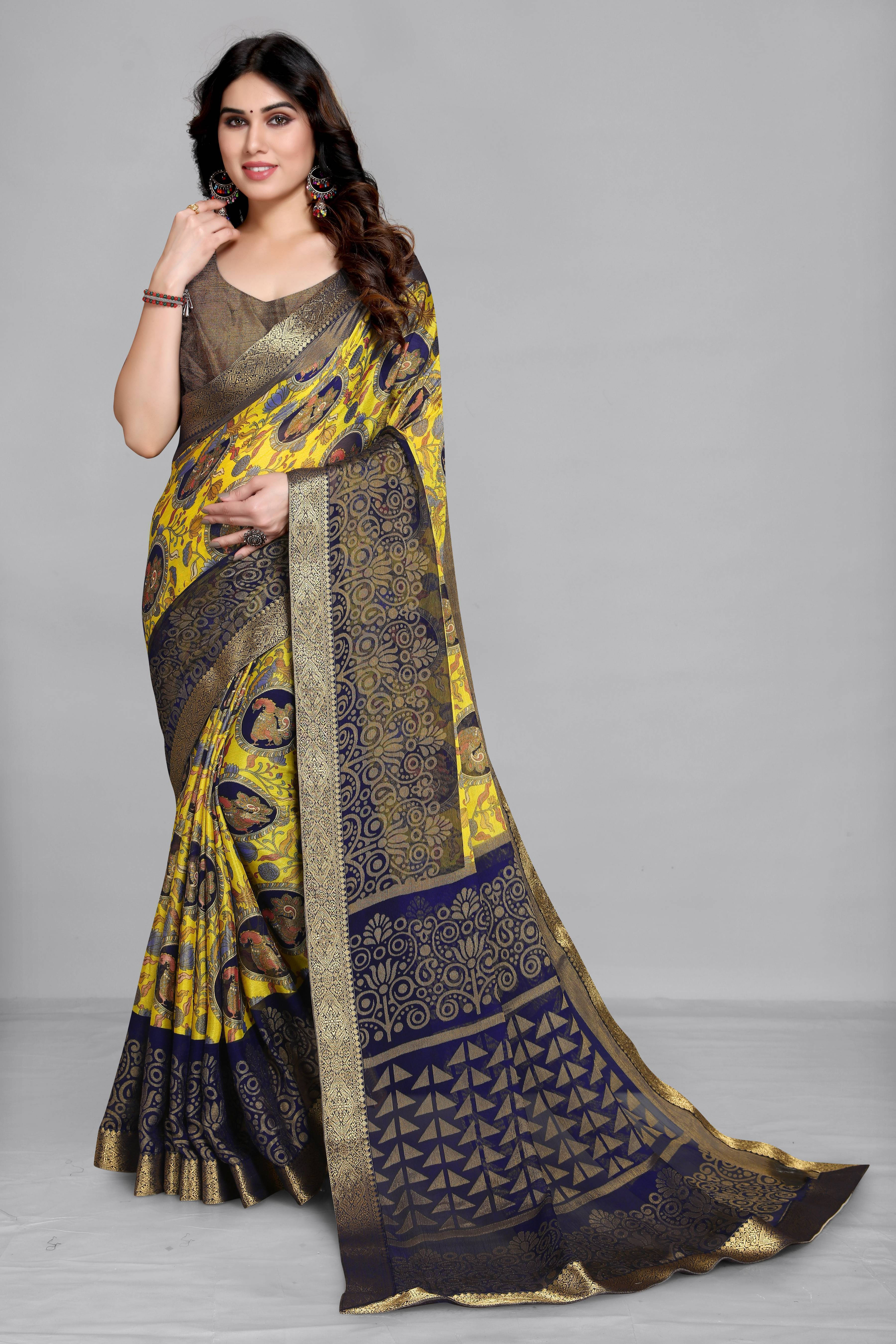 SAREEVE Brasso Printed Saree With Unstitched Blouse Piece ( Yellow ) SAREEVE Brasso Printed Saree With Unstitched Blouse Piece ( Yellow )