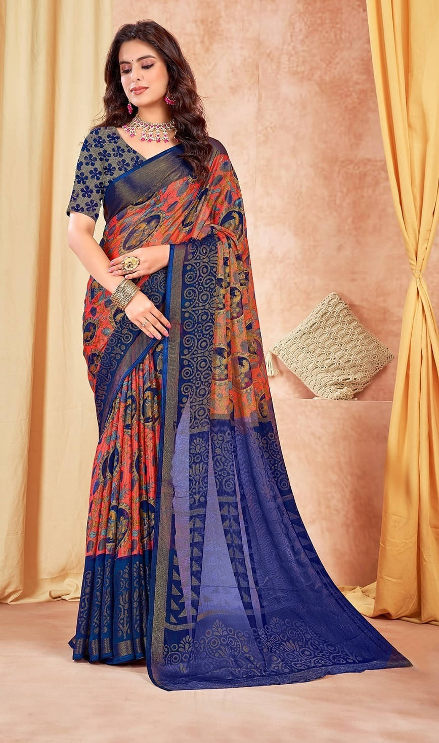     			SAREEVE Brasso Printed Saree With Unstitched Blouse Piece ( Multicolor )
