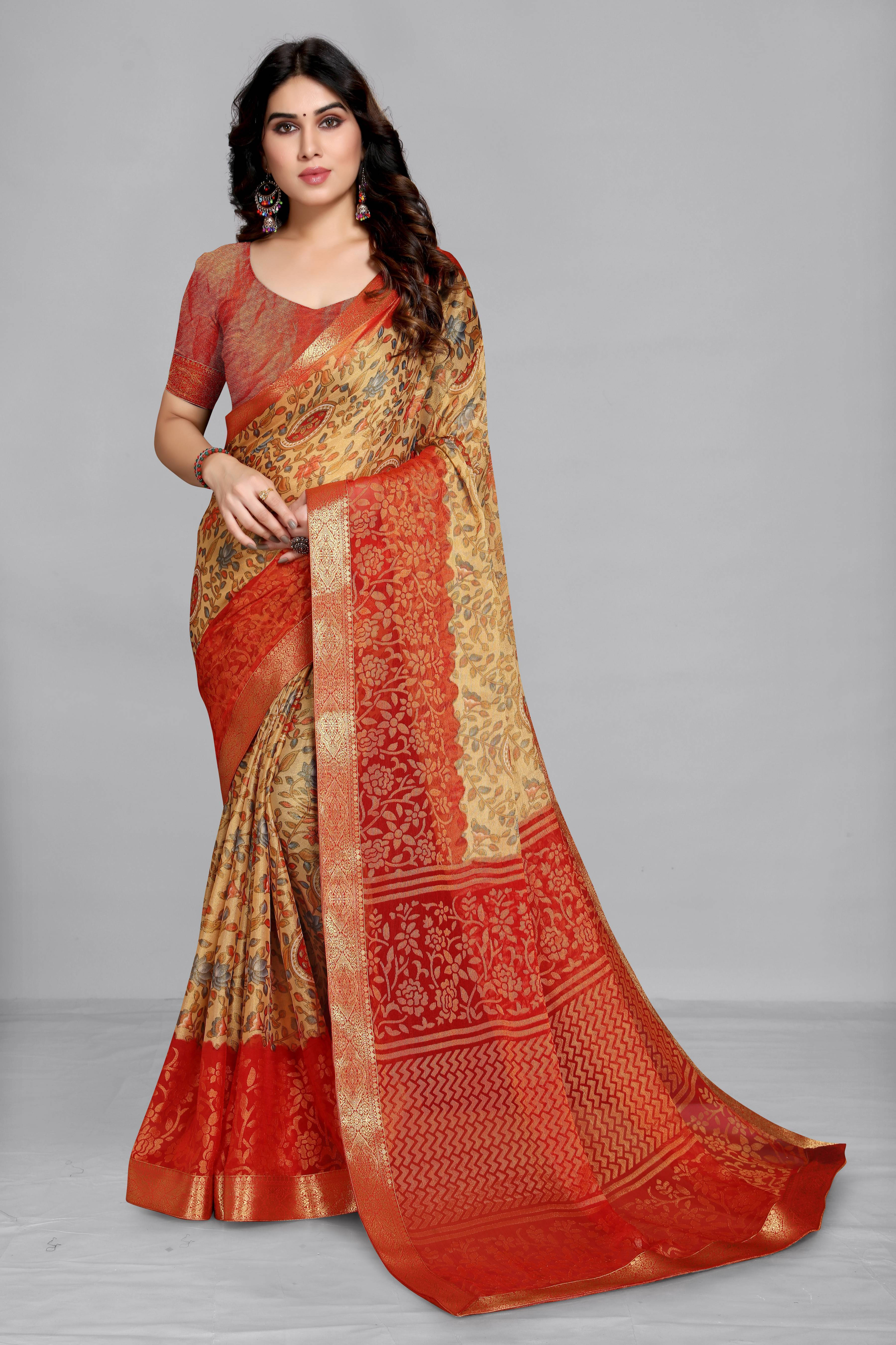 SAREEVE Brasso Printed Saree With Unstitched Blouse Piece ( Orange ) SAREEVE Brasso Printed Saree With Unstitched Blouse Piece ( Orange )