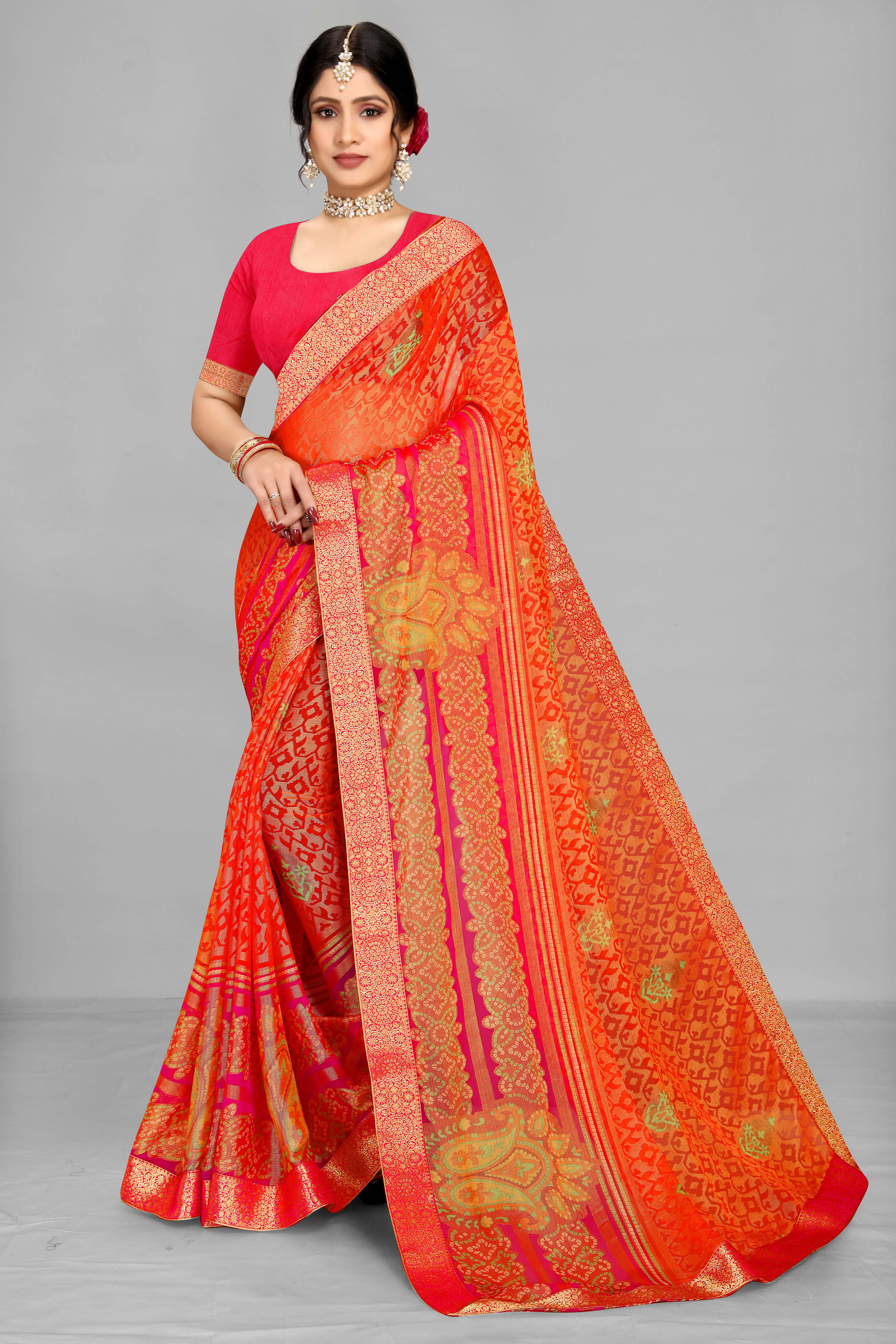 SAREEVE Brasso Printed Saree With Unstitched Blouse Piece ( Orange ) SAREEVE Brasso Printed Saree With Unstitched Blouse Piece ( Orange )