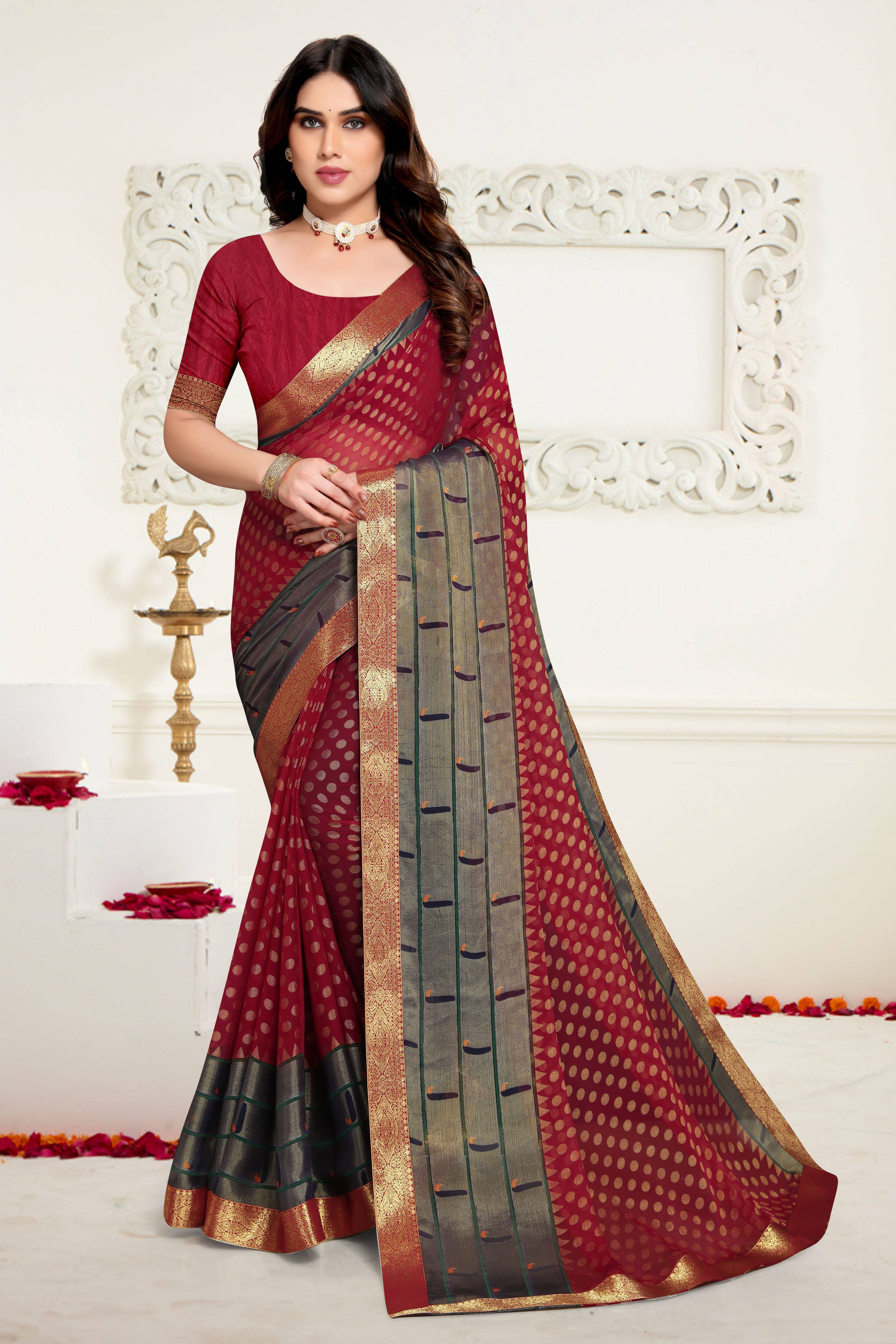 SAREEVE Brasso Printed Saree With Unstitched Blouse Piece ( Maroon ) SAREEVE Brasso Printed Saree With Unstitched Blouse Piece ( Maroon )