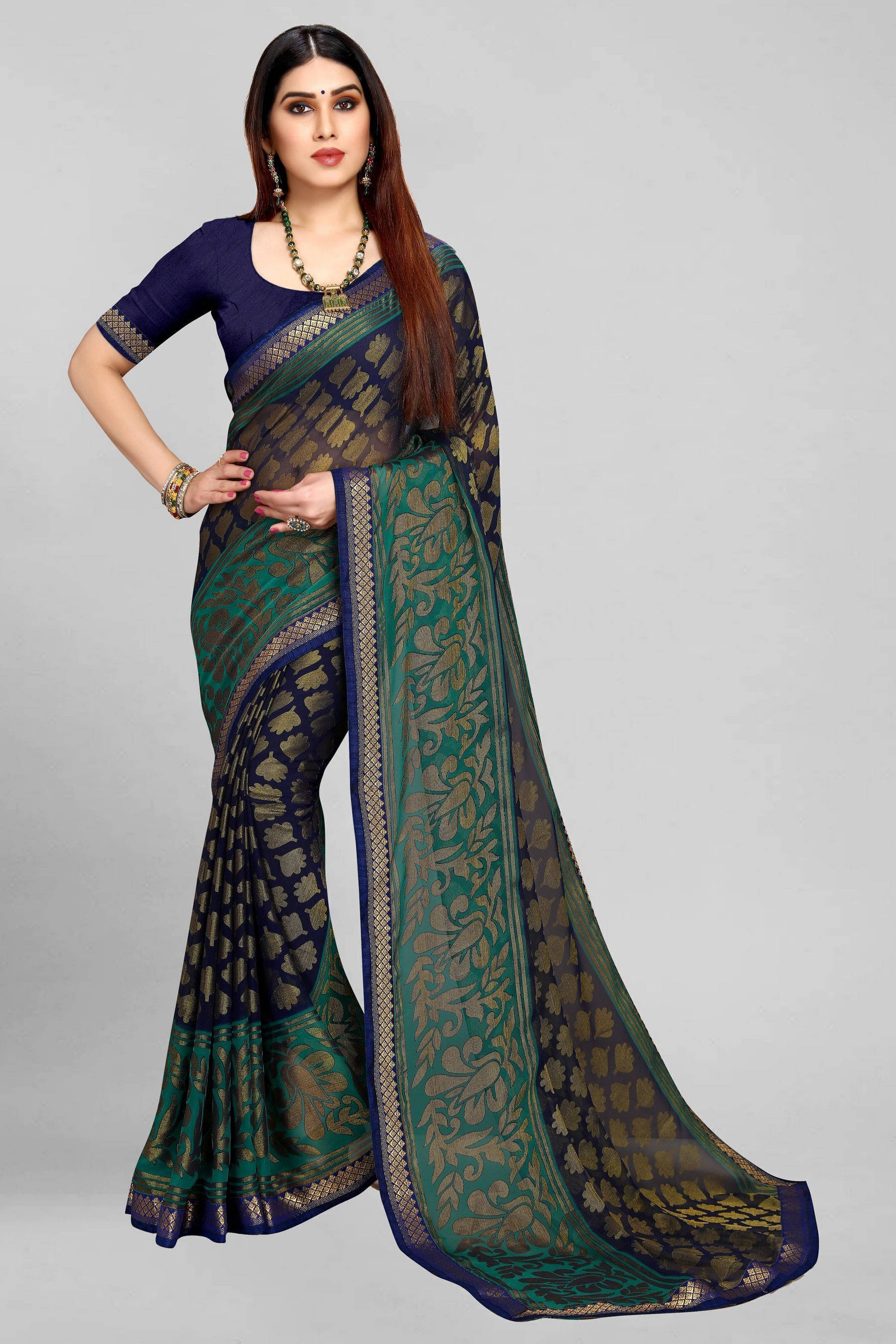     			SAREEVE Brasso Printed Saree With Unstitched Blouse Piece ( Navy Blue )