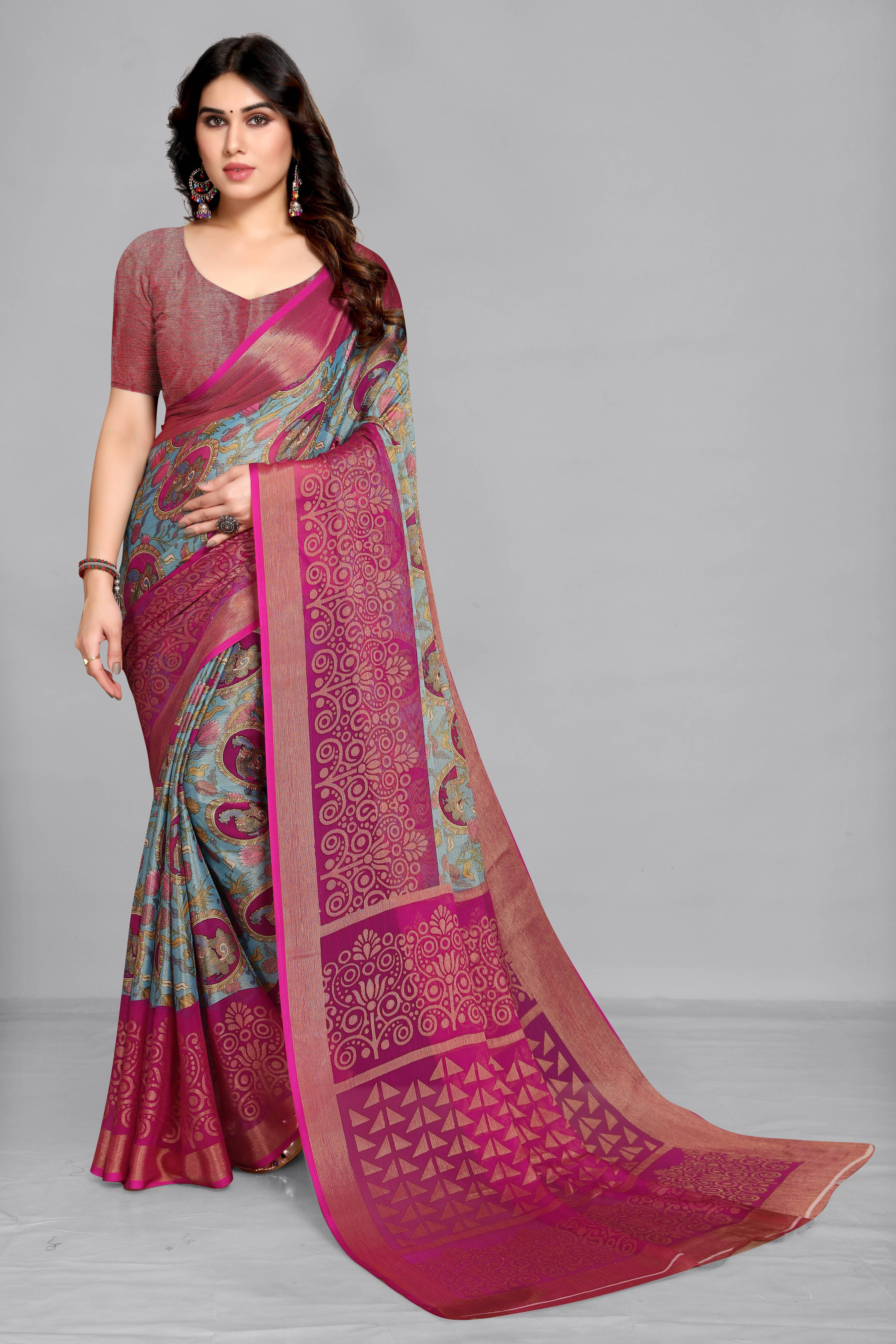 SAREEVE Brasso Printed Saree With Unstitched Blouse Piece ( Multicolor ) SAREEVE Brasso Printed Saree With Unstitched Blouse Piece ( Multicolor )