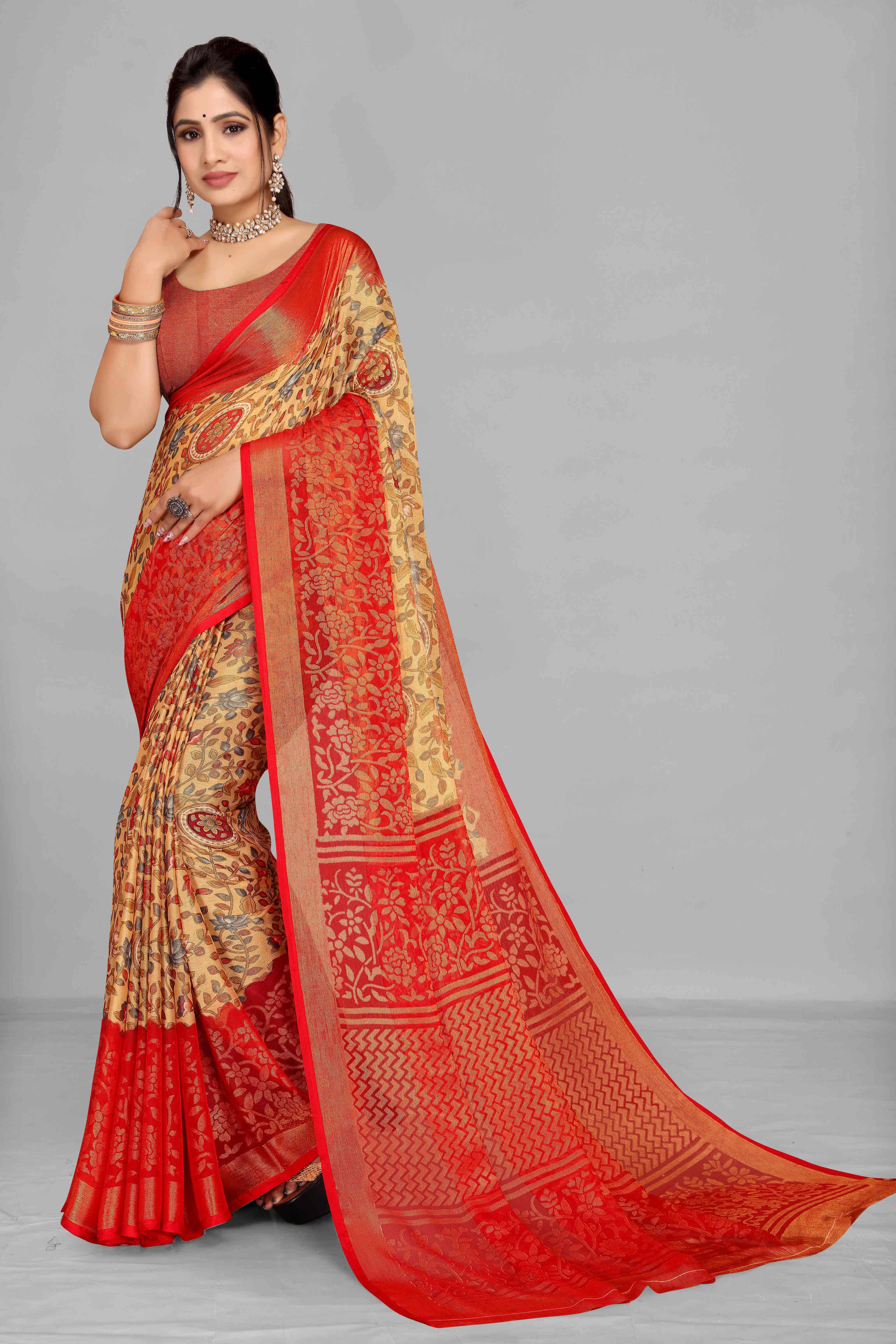 SAREEVE Brasso Printed Saree With Unstitched Blouse Piece ( Orange ) SAREEVE Brasso Printed Saree With Unstitched Blouse Piece ( Orange )