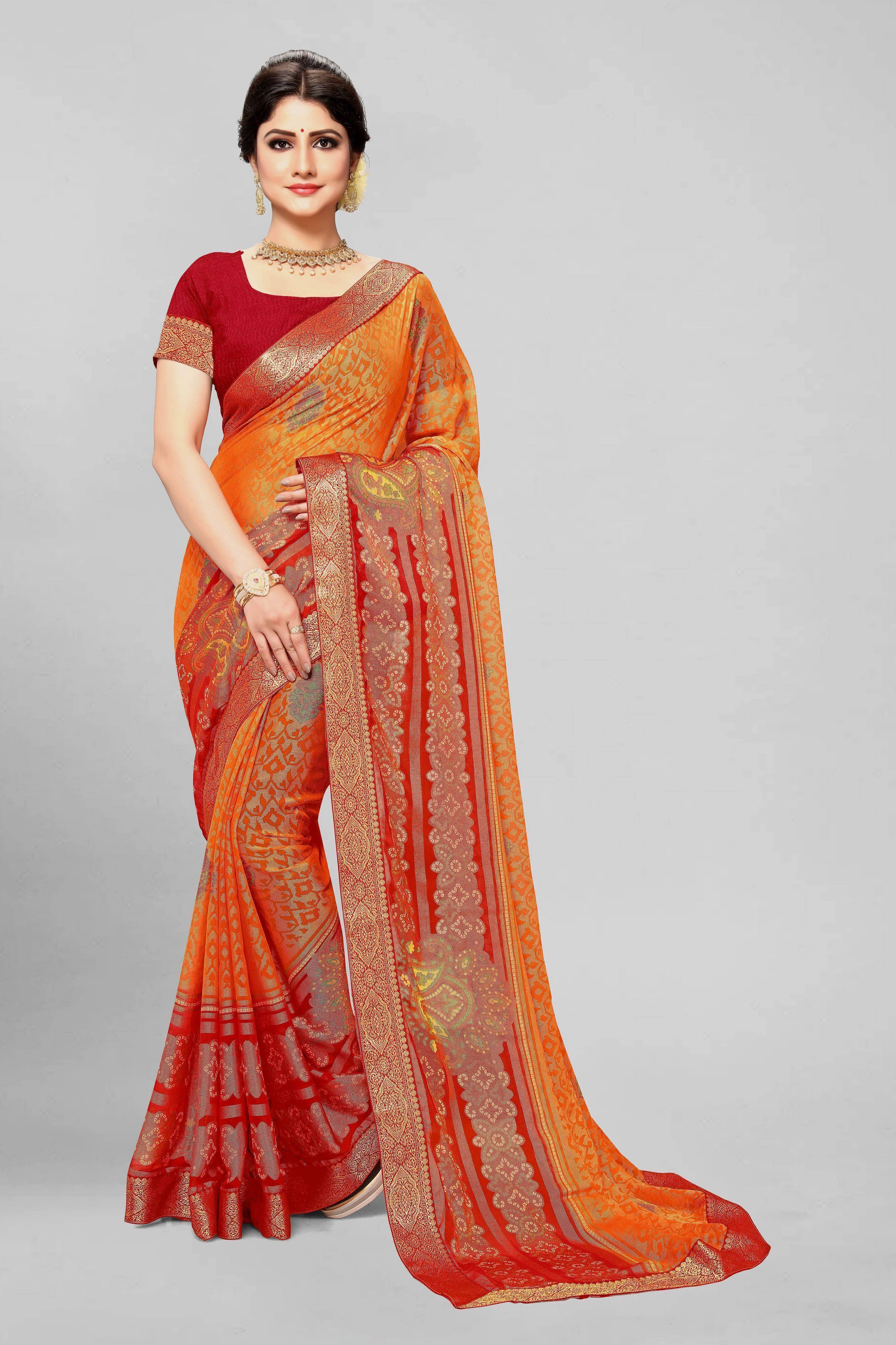 SAREEVE Brasso Printed Saree With Unstitched Blouse Piece ( Orange ) SAREEVE Brasso Printed Saree With Unstitched Blouse Piece ( Orange )