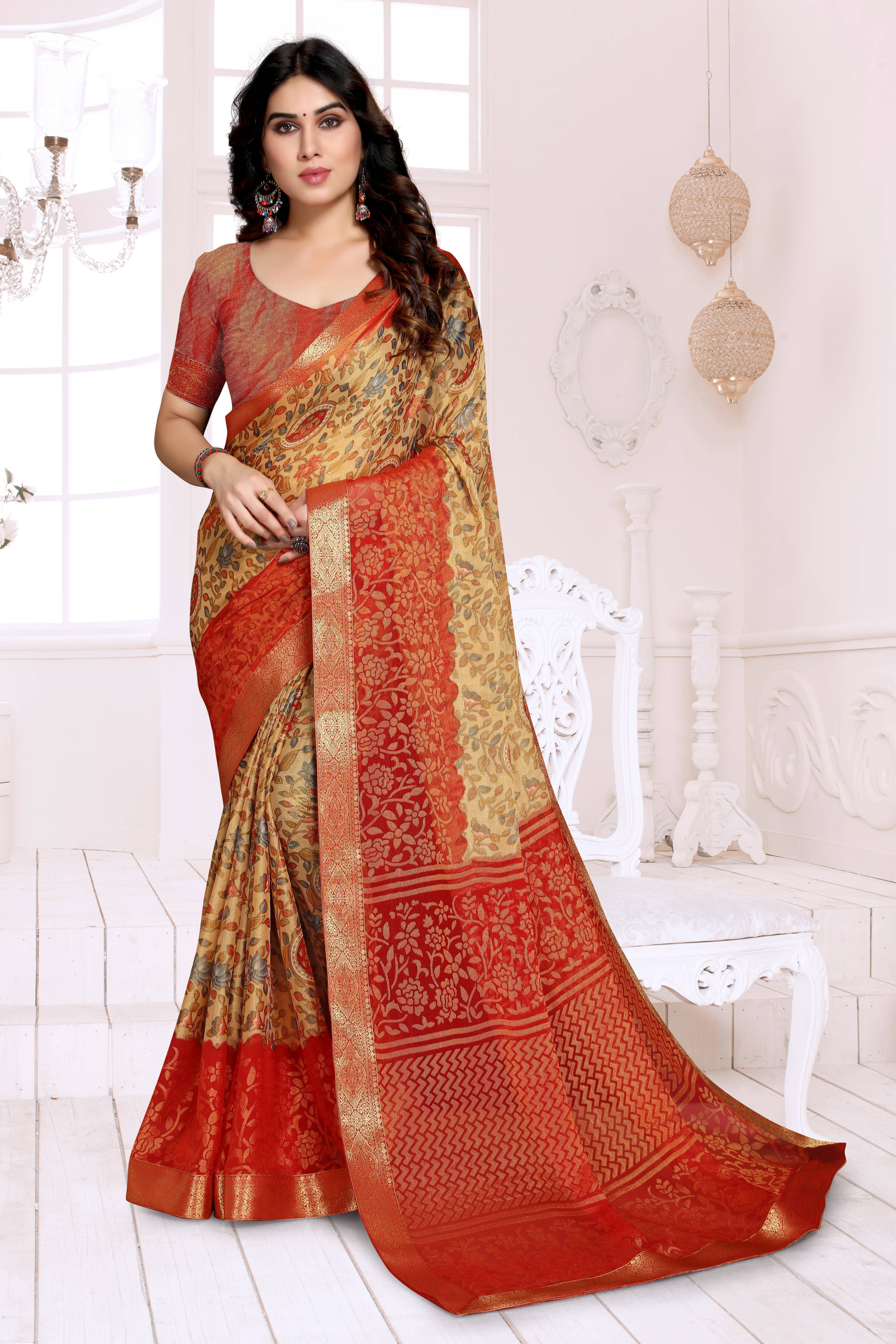 SAREEVE Brasso Printed Saree With Unstitched Blouse Piece ( Orange ) SAREEVE Brasso Printed Saree With Unstitched Blouse Piece ( Orange )