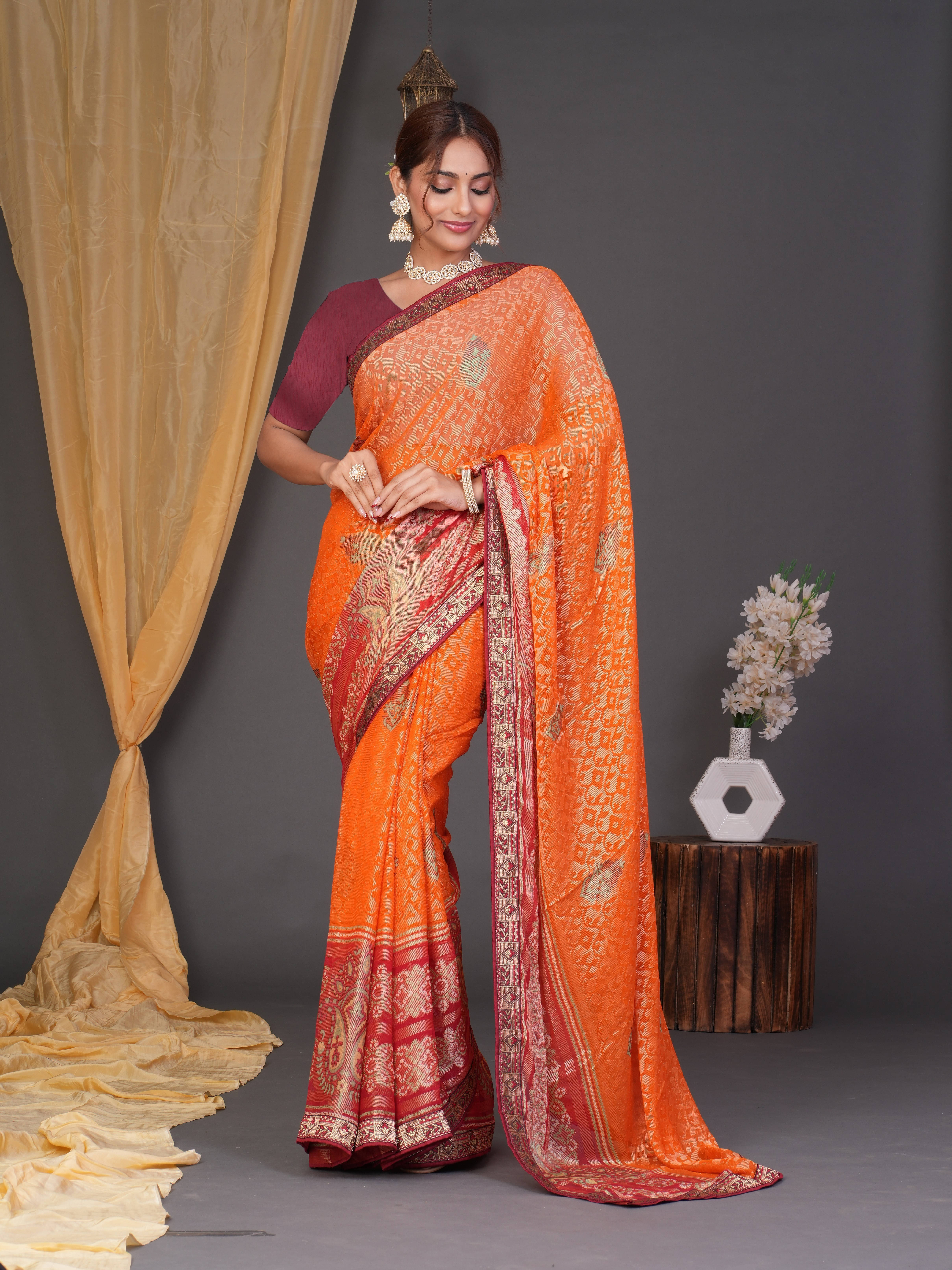     			SAREEVE Brasso Printed Saree With Unstitched Blouse Piece ( Multicolor )