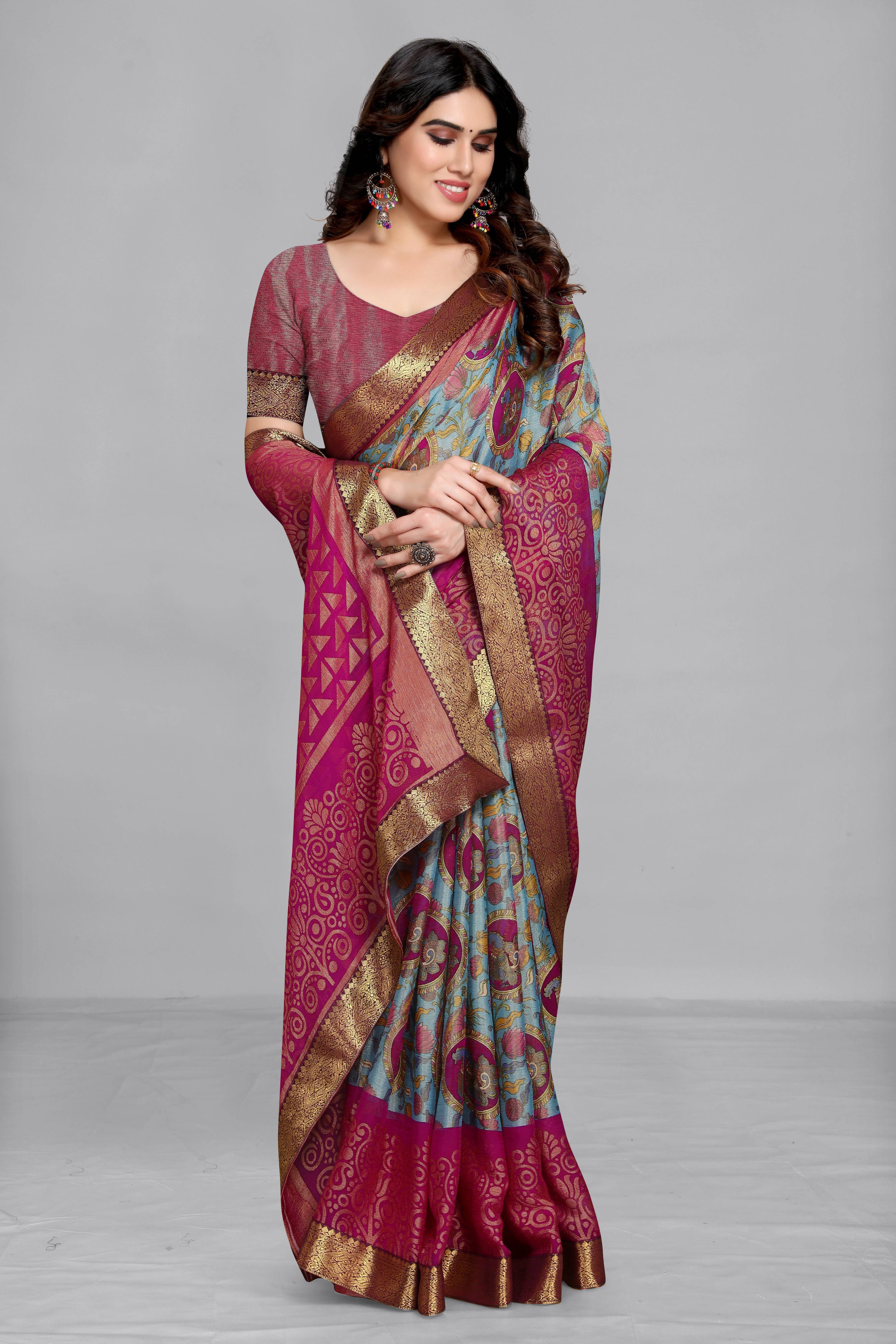 SAREEVE Brasso Printed Saree With Unstitched Blouse Piece ( Multicolor ) SAREEVE Brasso Printed Saree With Unstitched Blouse Piece ( Multicolor )