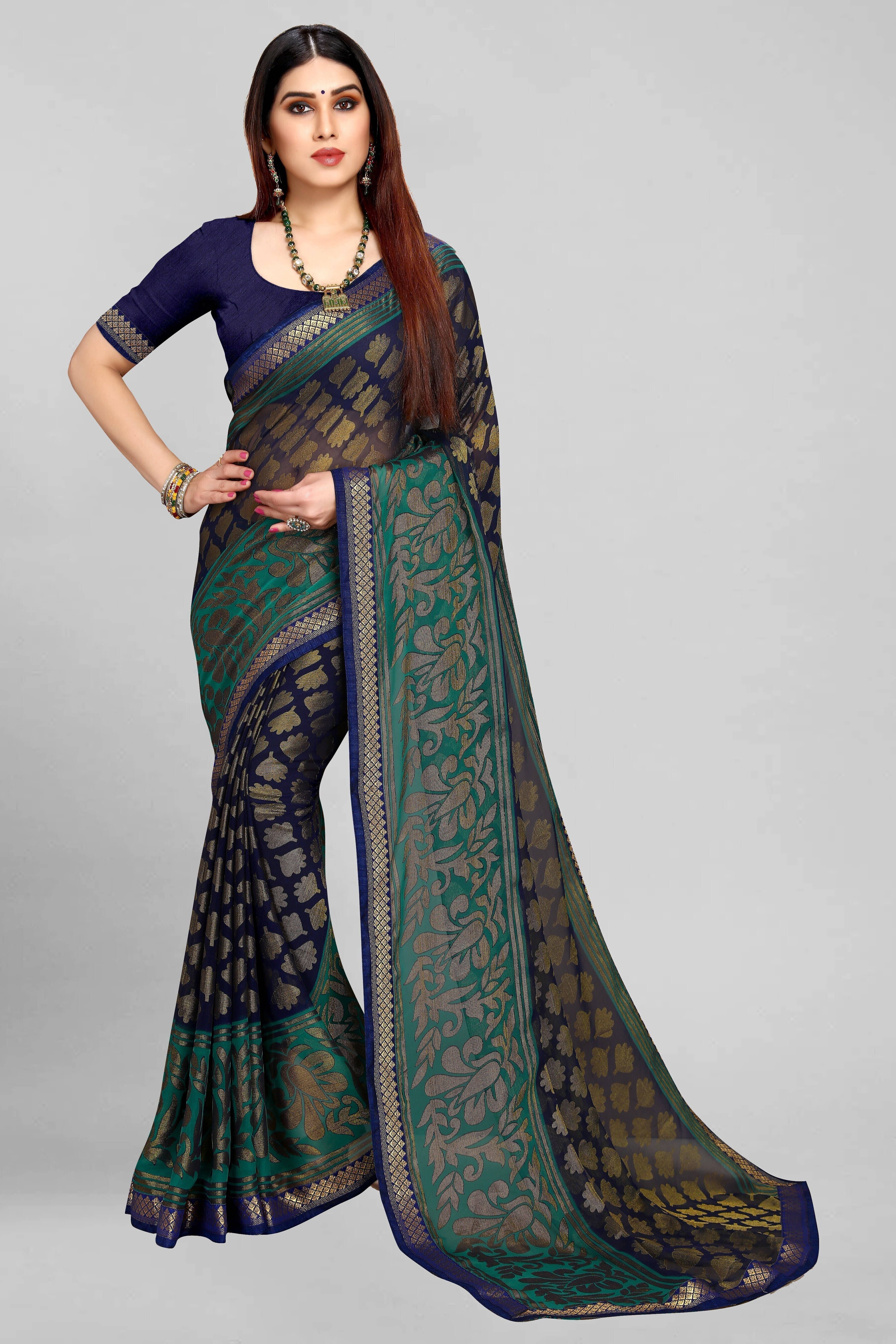     			SAREEVE Brasso Printed Saree With Unstitched Blouse Piece ( Blue )