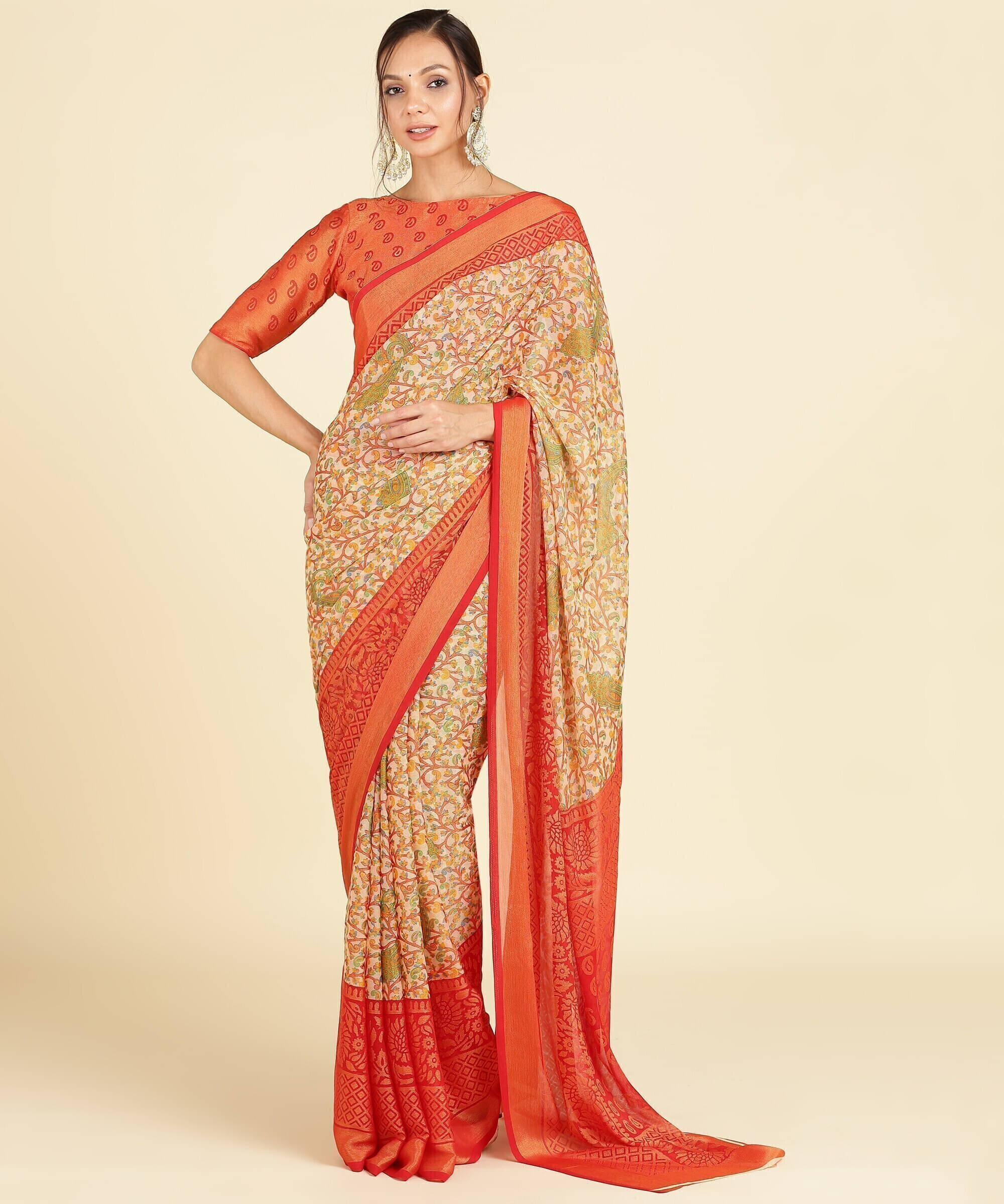     			SAREEVE Brasso Printed Saree With Unstitched Blouse Piece ( Orange )