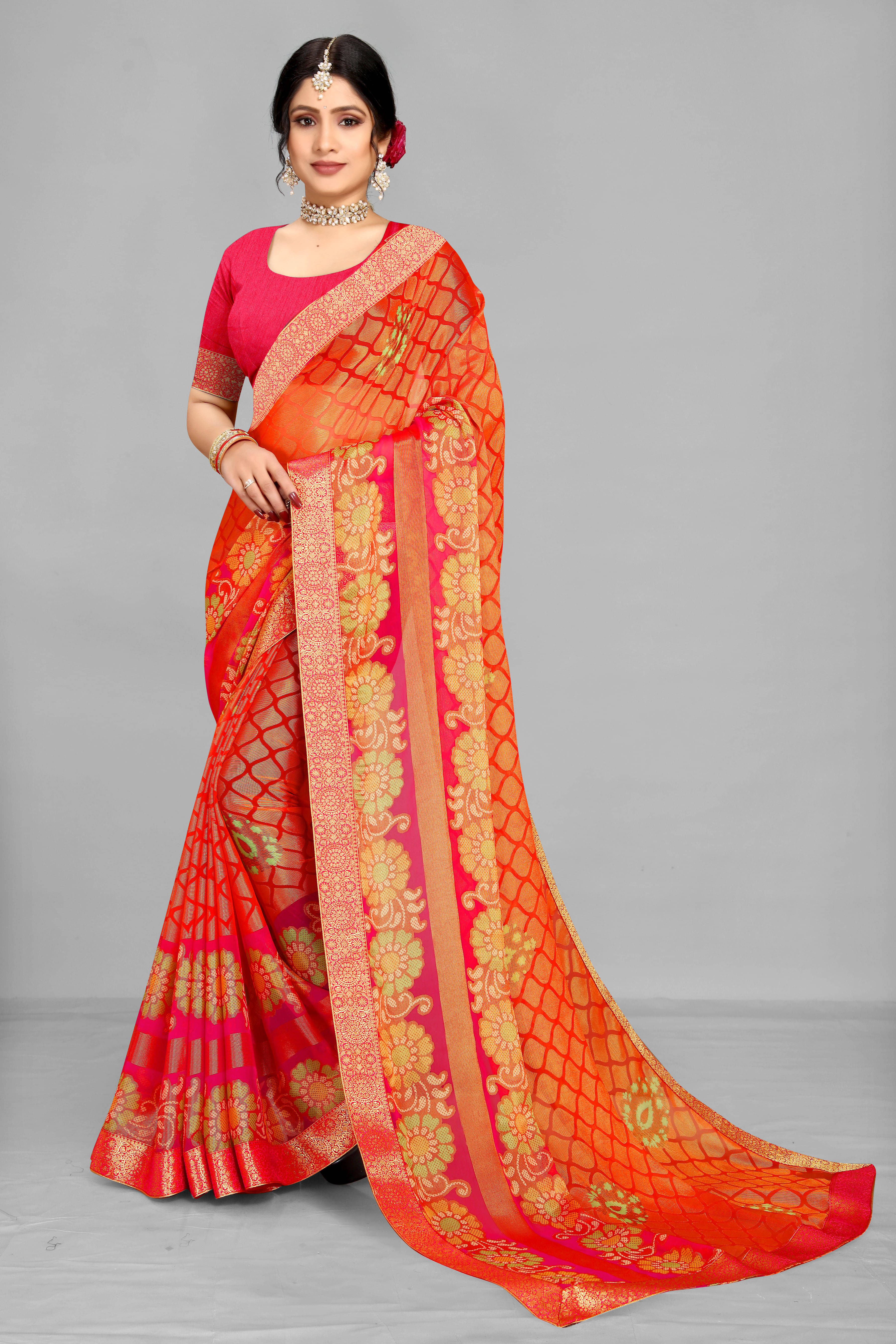 SAREEVE Brasso Printed Saree With Unstitched Blouse Piece ( Orange ) SAREEVE Brasso Printed Saree With Unstitched Blouse Piece ( Orange )
