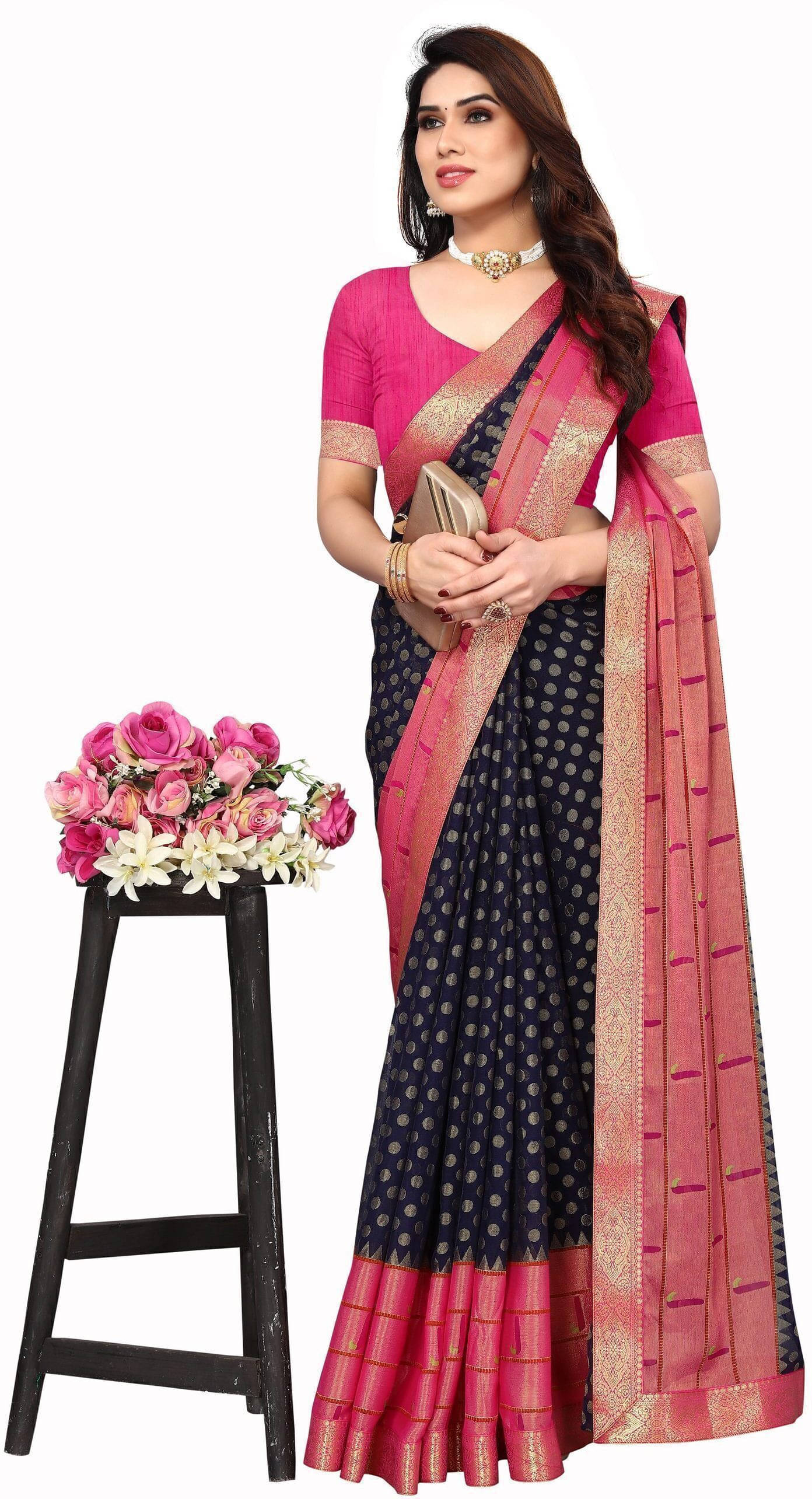     			SAREEVE Brasso Printed Saree With Unstitched Blouse Piece ( Navy Blue )