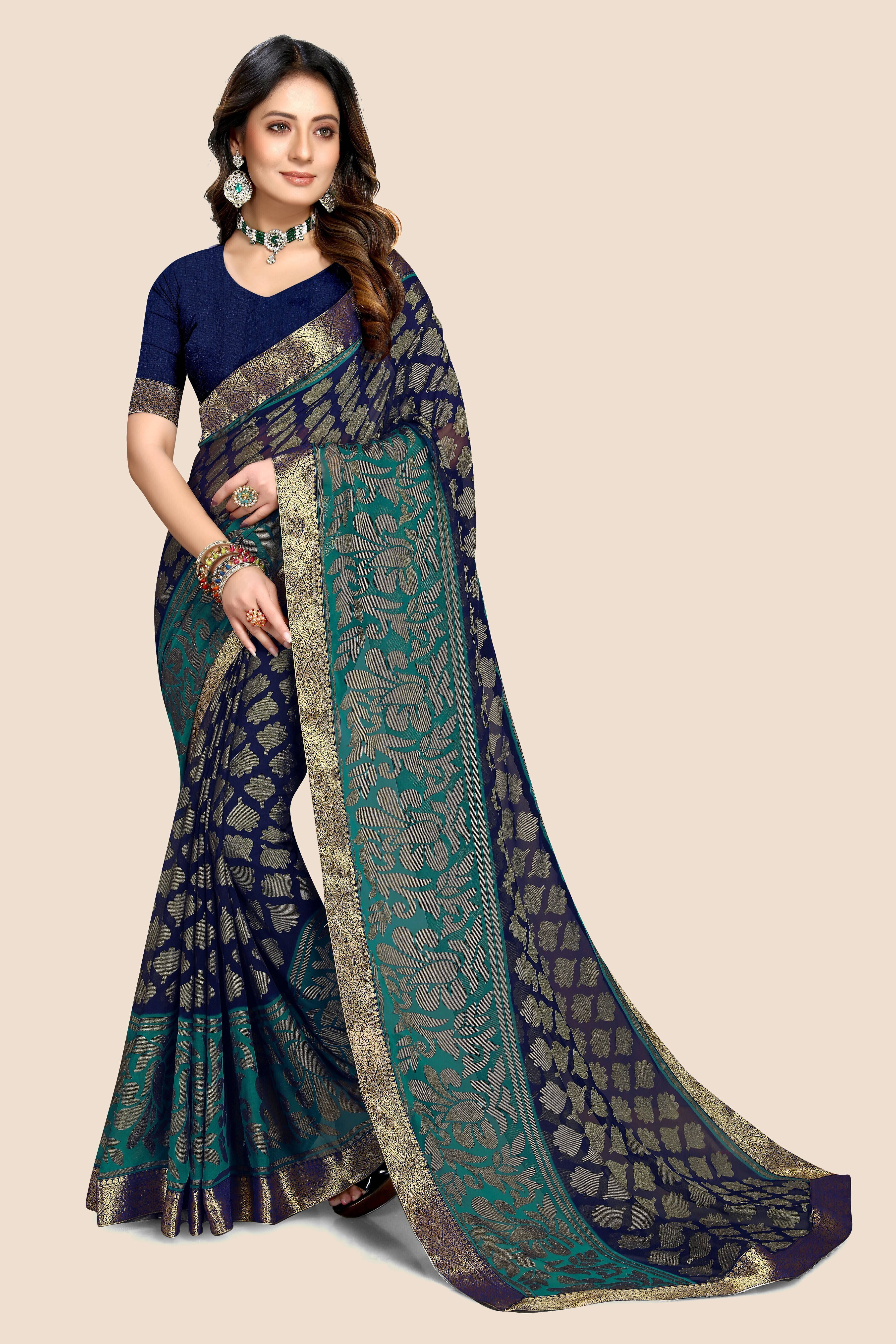     			SAREEVE Brasso Printed Saree With Unstitched Blouse Piece ( Navy Blue )