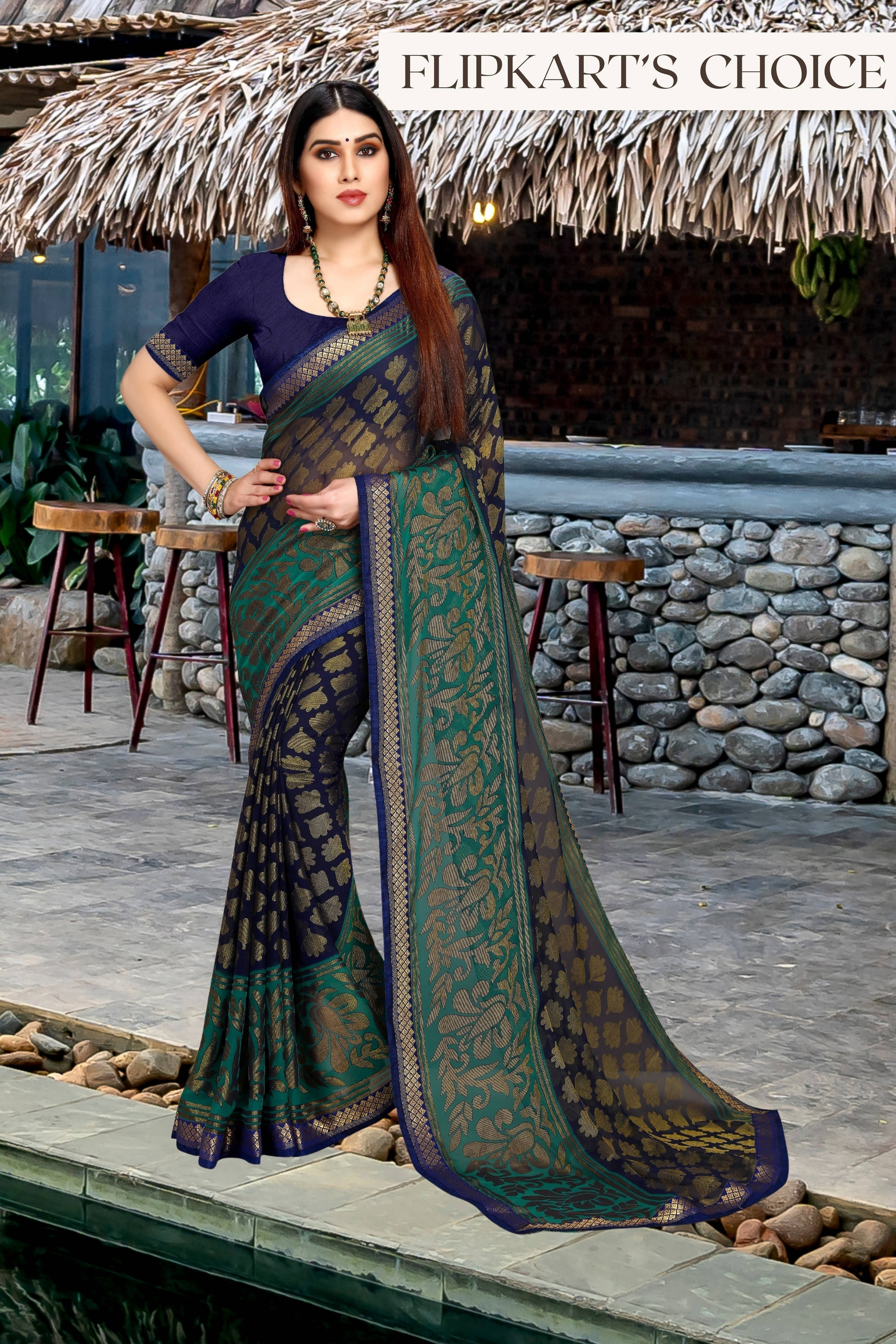     			SAREEVE Chiffon Printed Saree With Unstitched Blouse Piece ( Navy Blue )