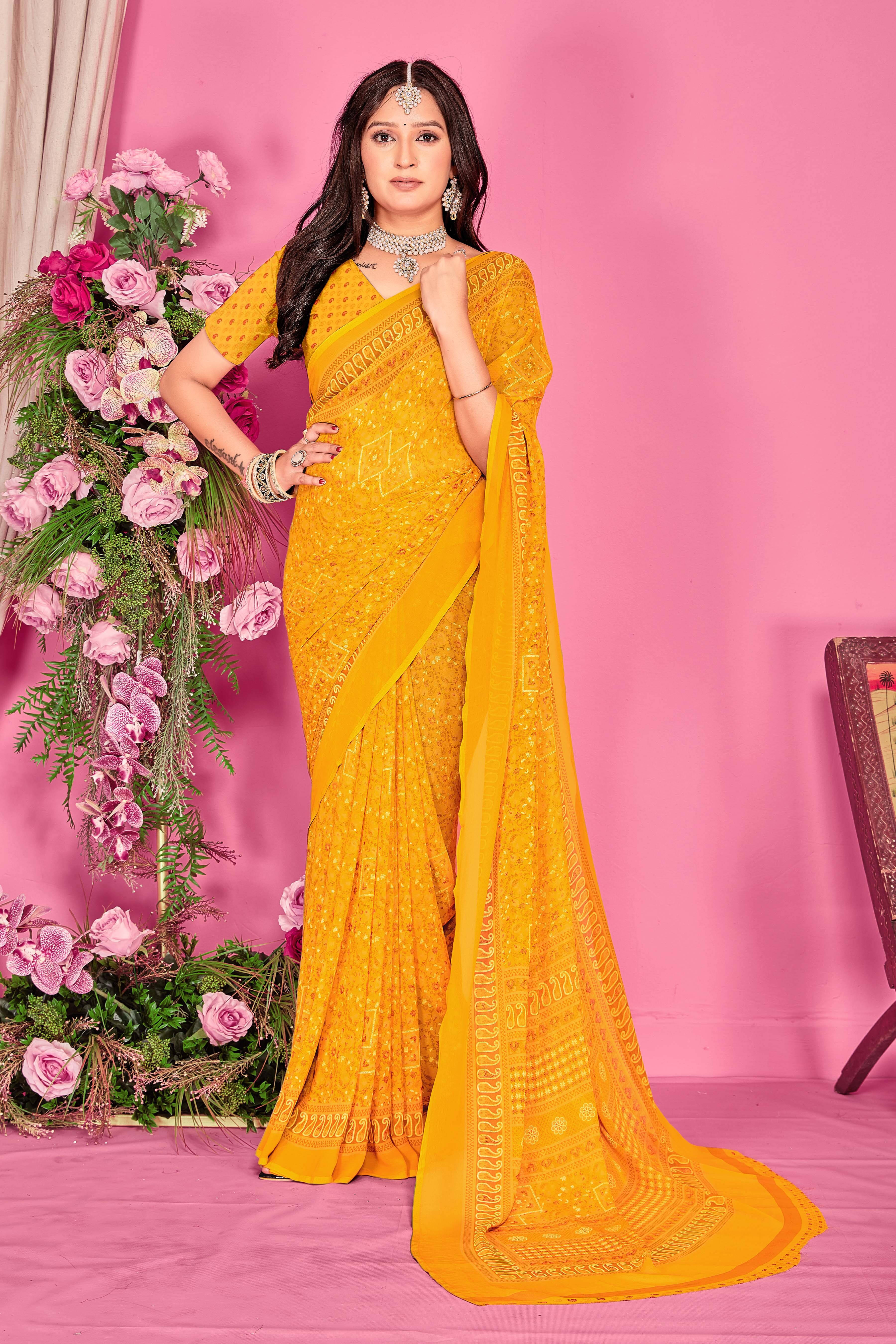     			SAREEVE Chiffon Printed Saree With Unstitched Blouse Piece ( Yellow )