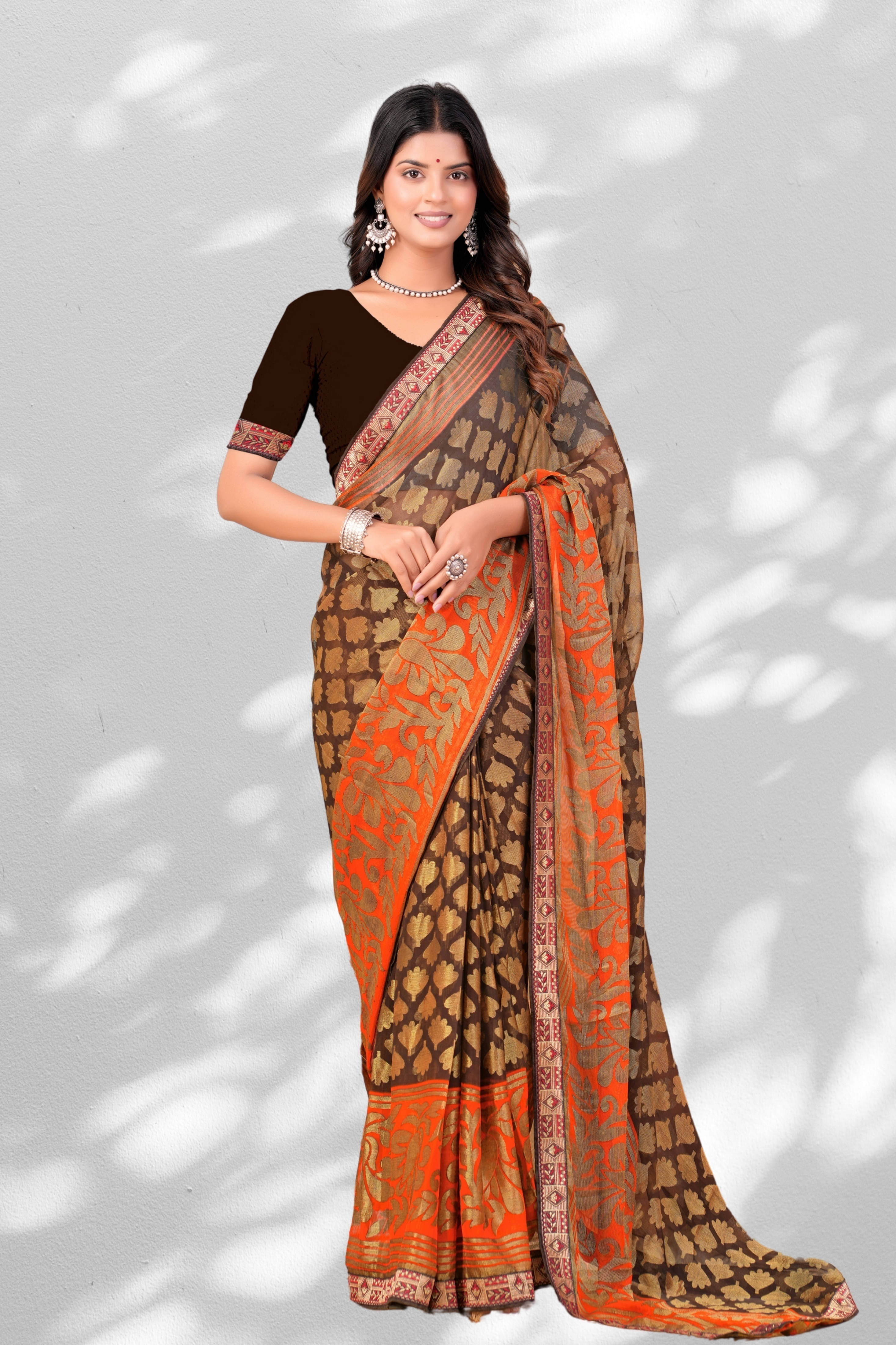 SAREEVE Chiffon Printed Saree With Unstitched Blouse Piece ( Brown )     			SAREEVE Chiffon Printed Saree With Unstitched Blouse Piece ( Brown )