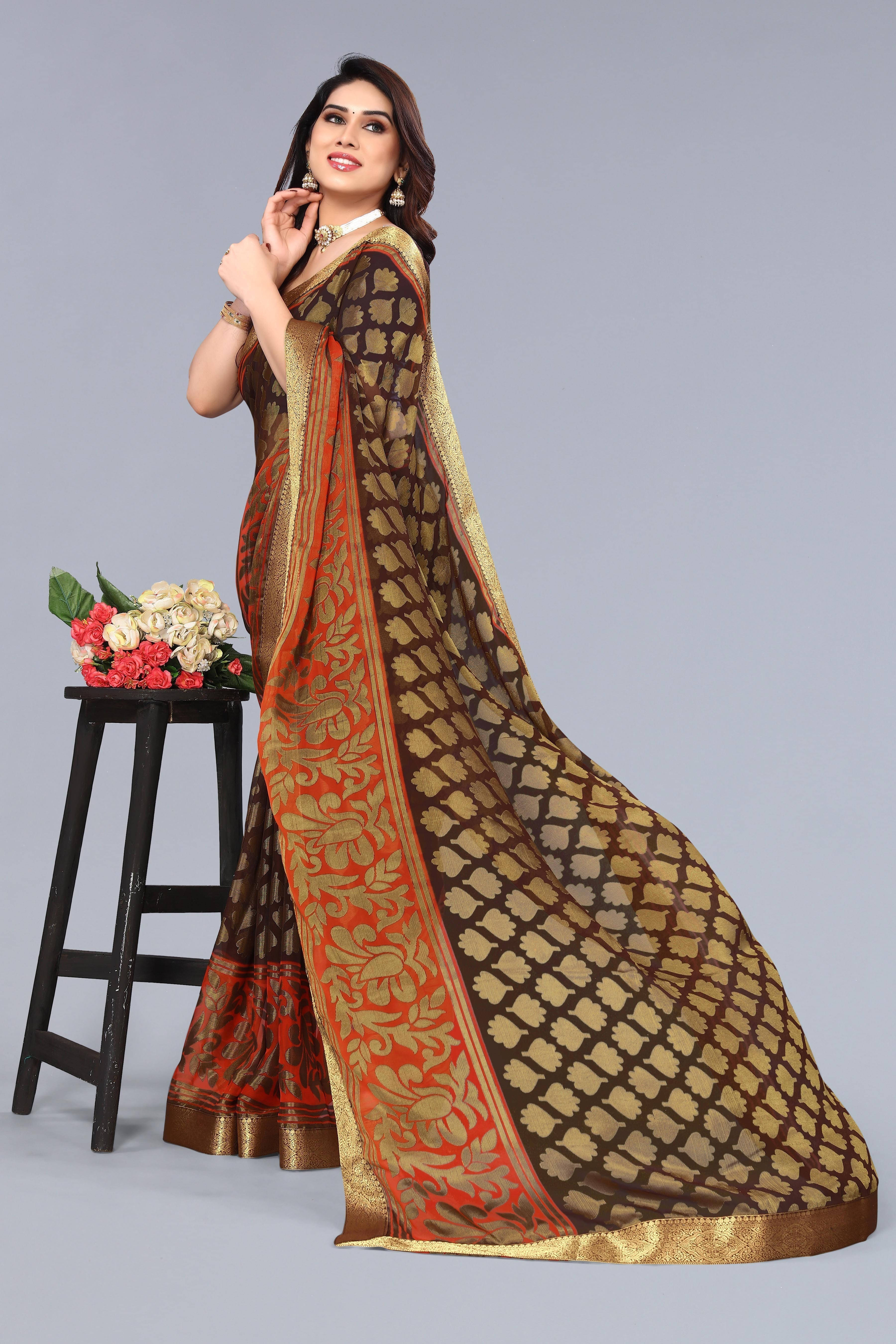     			SAREEVE Chiffon Printed Saree With Unstitched Blouse Piece ( Brown )