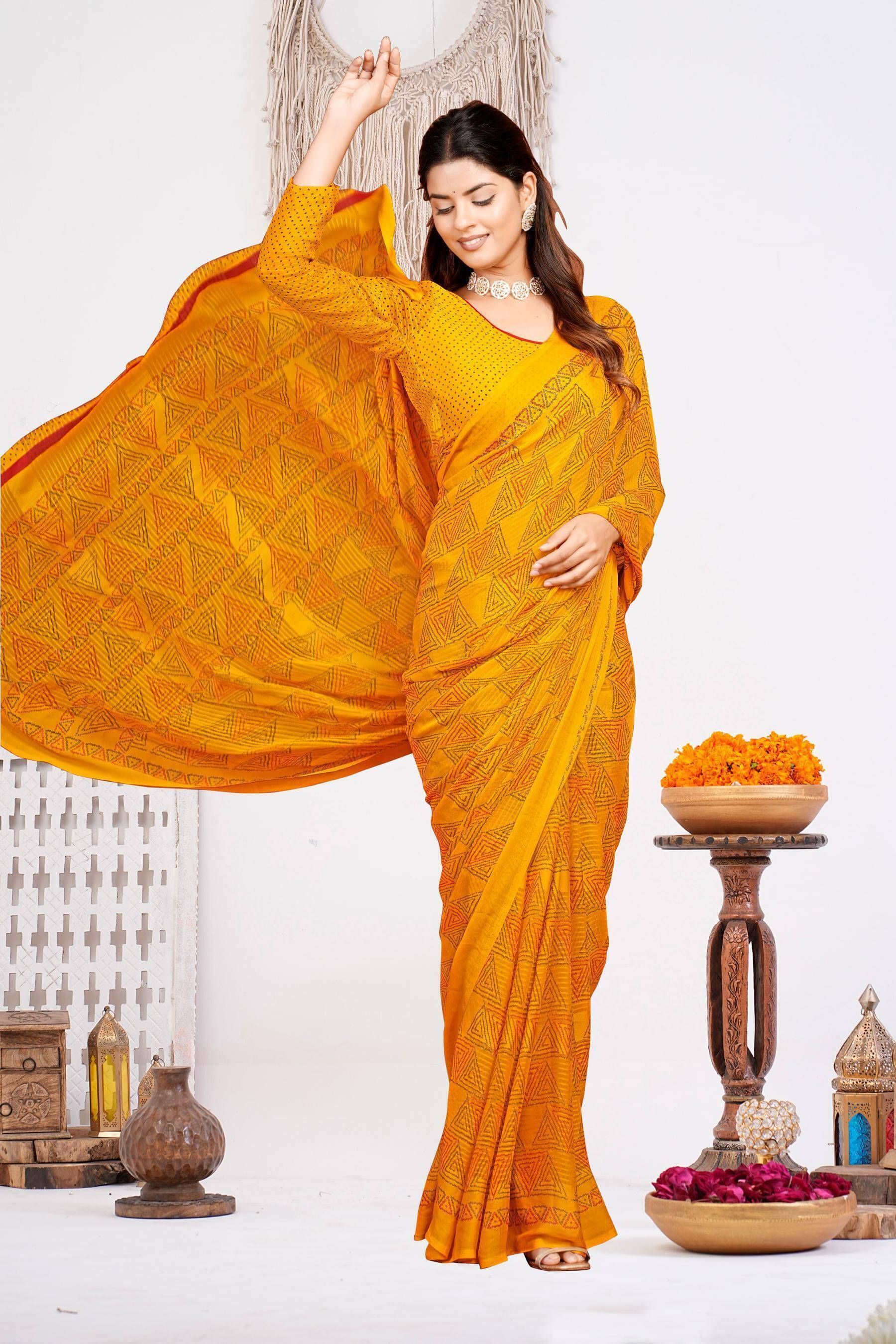 SAREEVE Chiffon Printed Saree With Unstitched Blouse Piece ( Yellow ) SAREEVE Chiffon Printed Saree With Unstitched Blouse Piece ( Yellow )