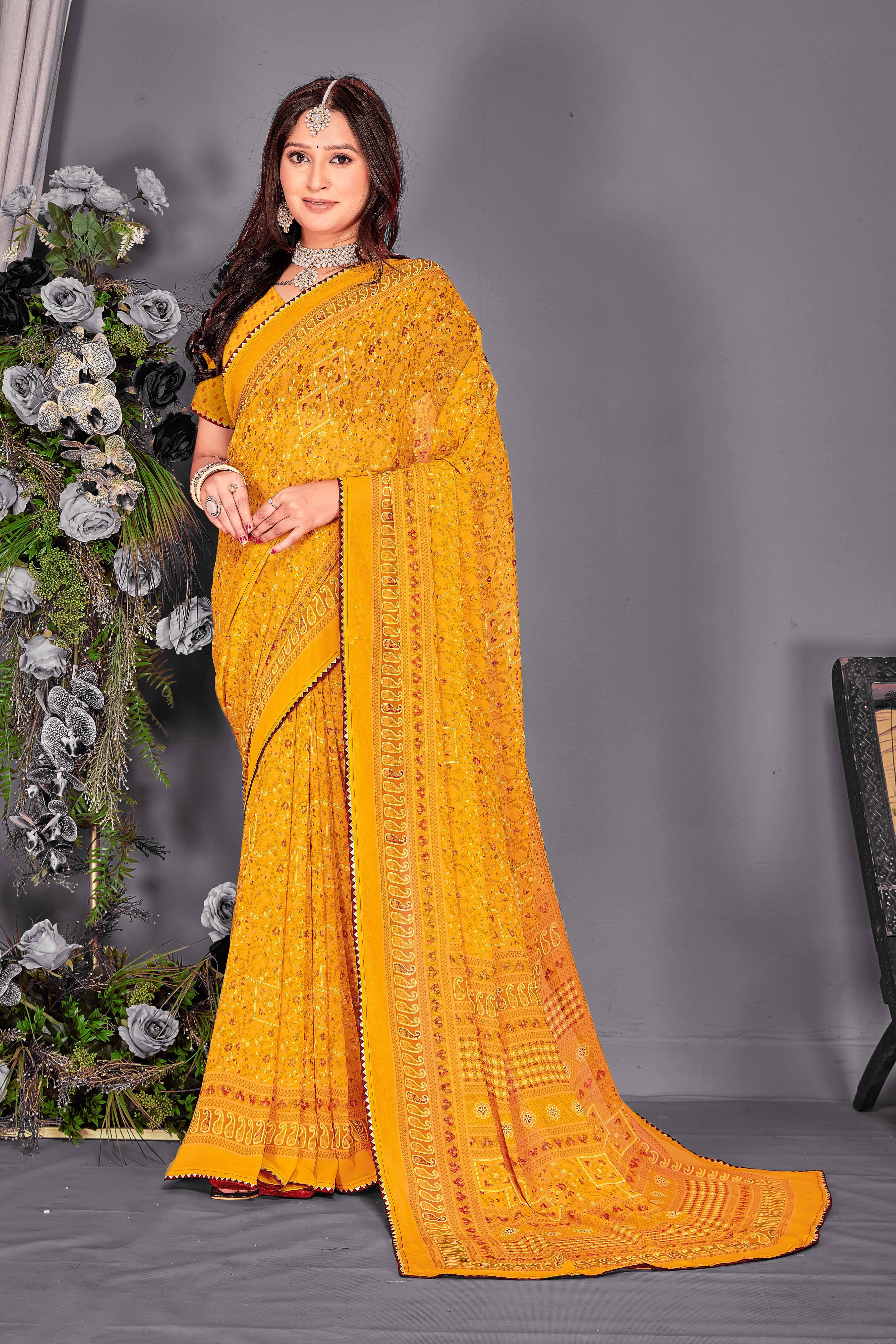     			SAREEVE Chiffon Printed Saree With Unstitched Blouse Piece ( Yellow )
