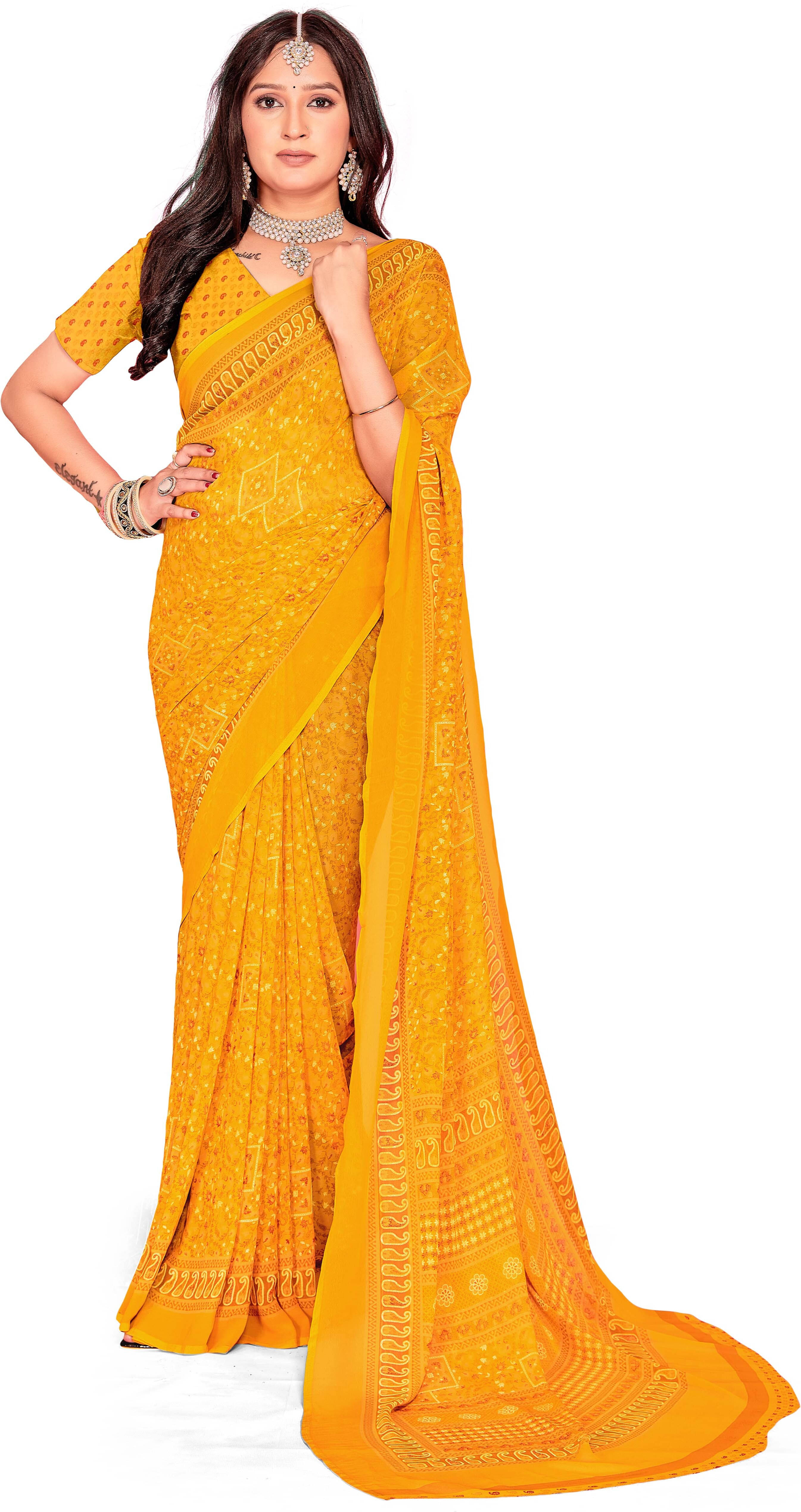     			SAREEVE Chiffon Printed Saree With Unstitched Blouse Piece ( Yellow )