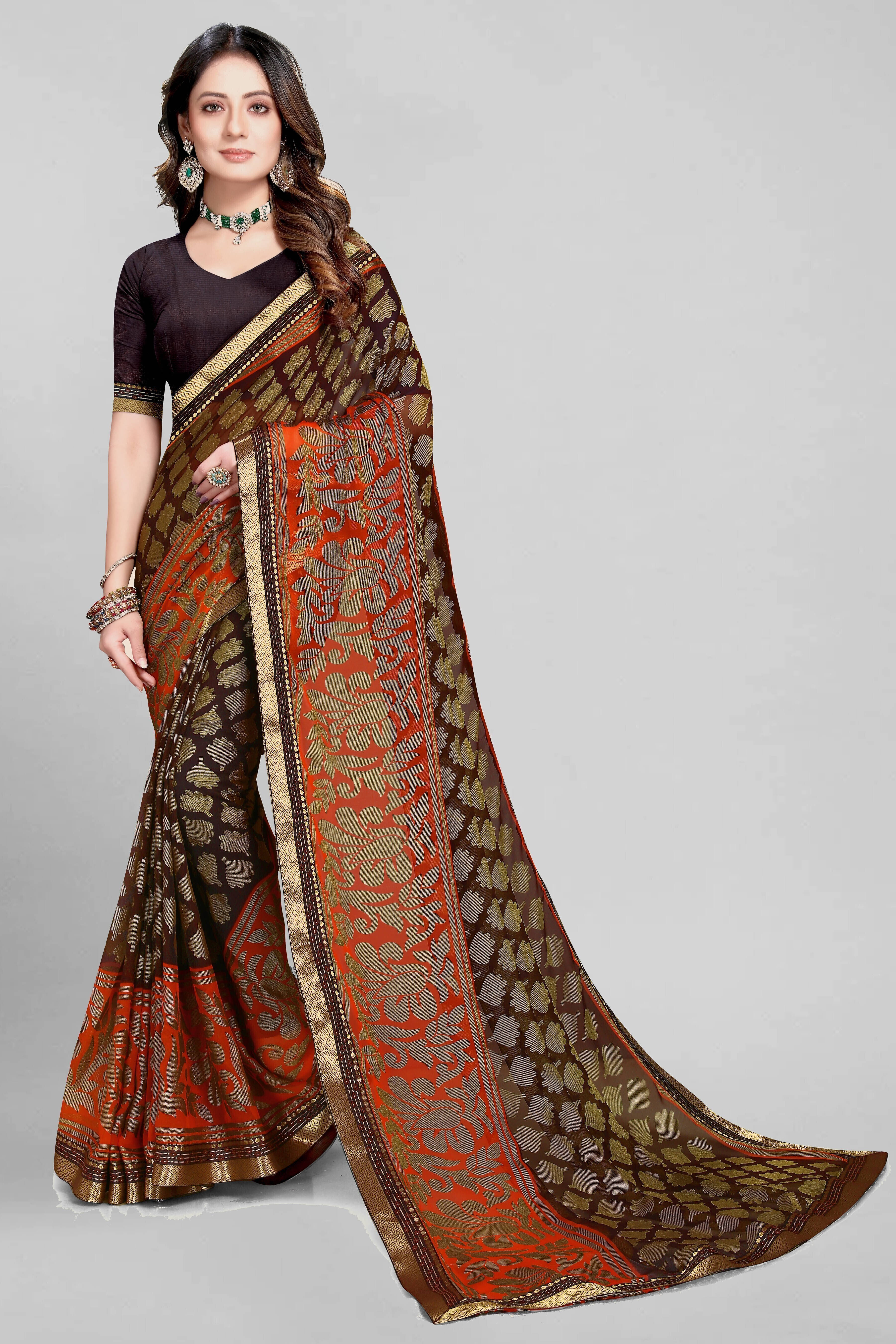 SAREEVE Chiffon Printed Saree With Unstitched Blouse Piece ( Brown ) SAREEVE Chiffon Printed Saree With Unstitched Blouse Piece ( Brown )