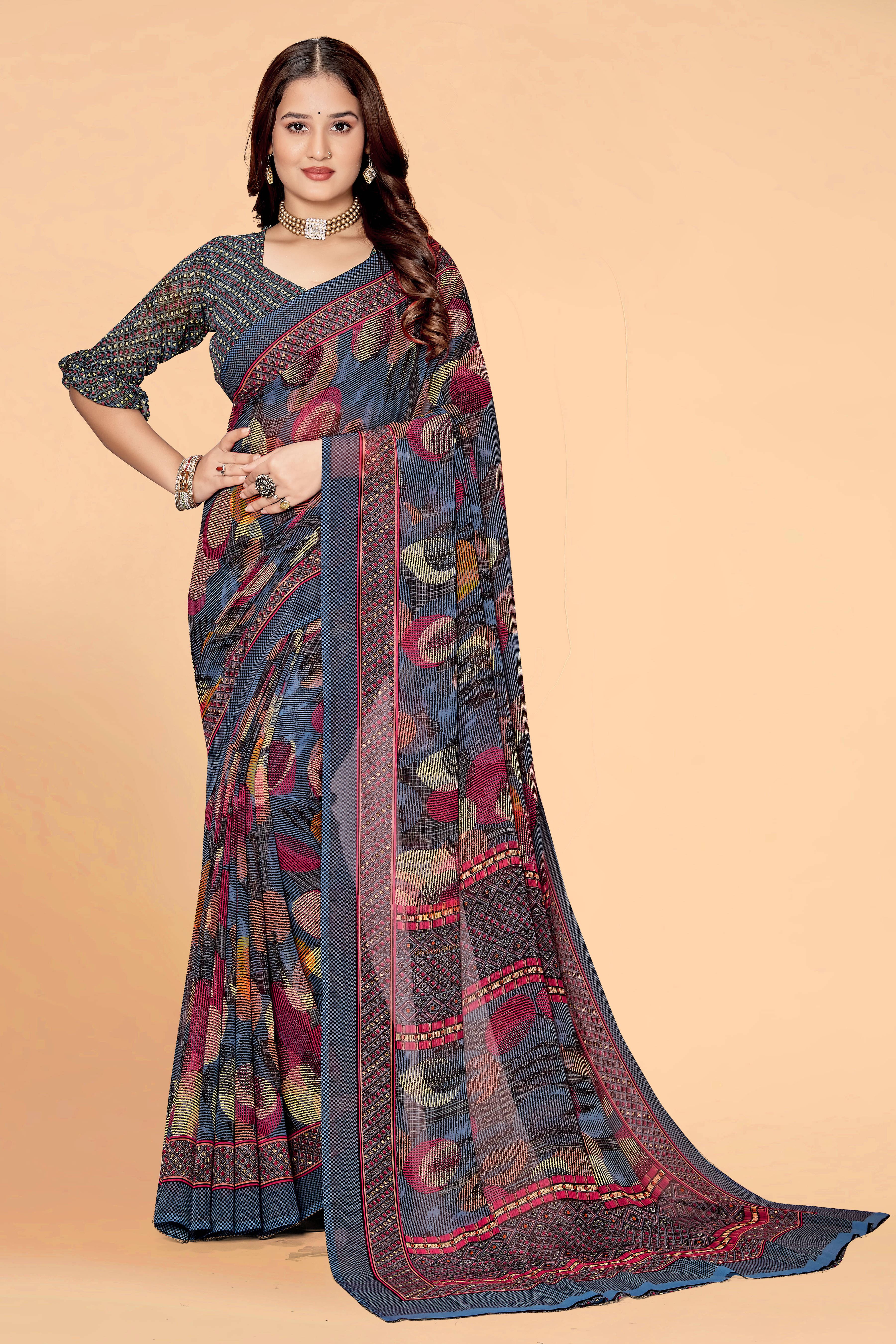SAREEVE Chiffon Printed Saree With Unstitched Blouse Piece ( Navy Blue ) SAREEVE Chiffon Printed Saree With Unstitched Blouse Piece ( Navy Blue )