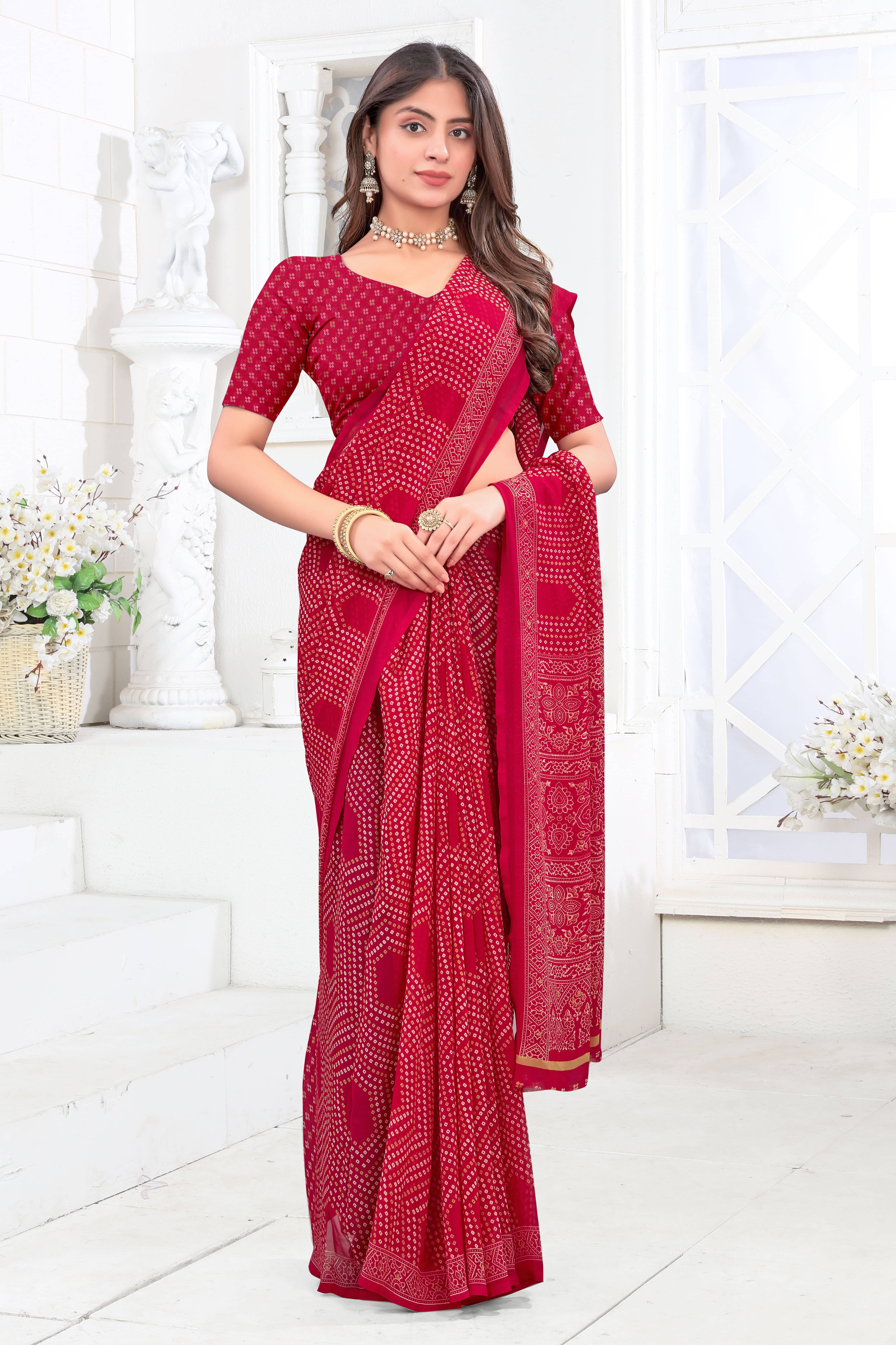 SAREEVE Chiffon Printed Saree With Unstitched Blouse Piece ( Red ) SAREEVE Chiffon Printed Saree With Unstitched Blouse Piece ( Red )