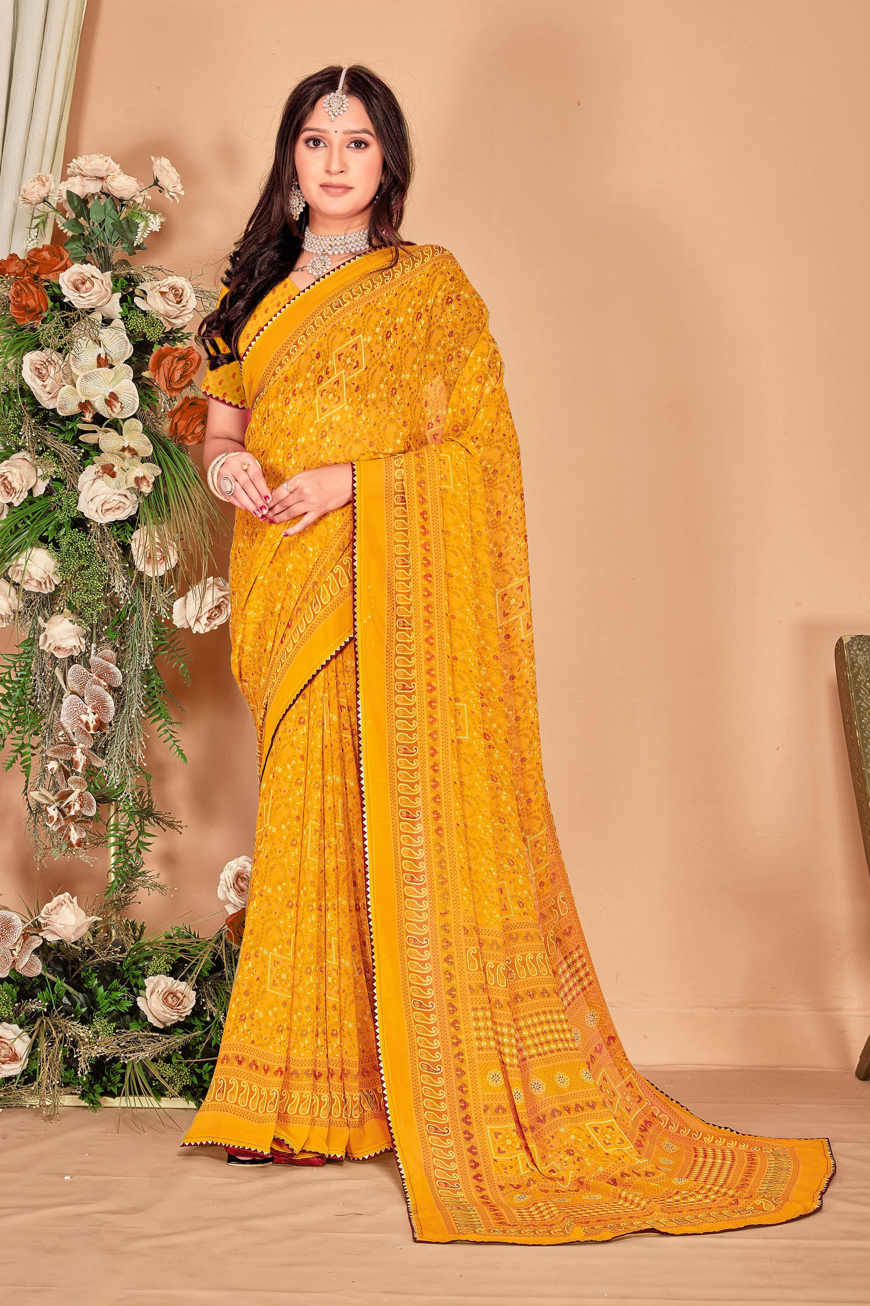     			SAREEVE Chiffon Printed Saree With Unstitched Blouse Piece ( Yellow )