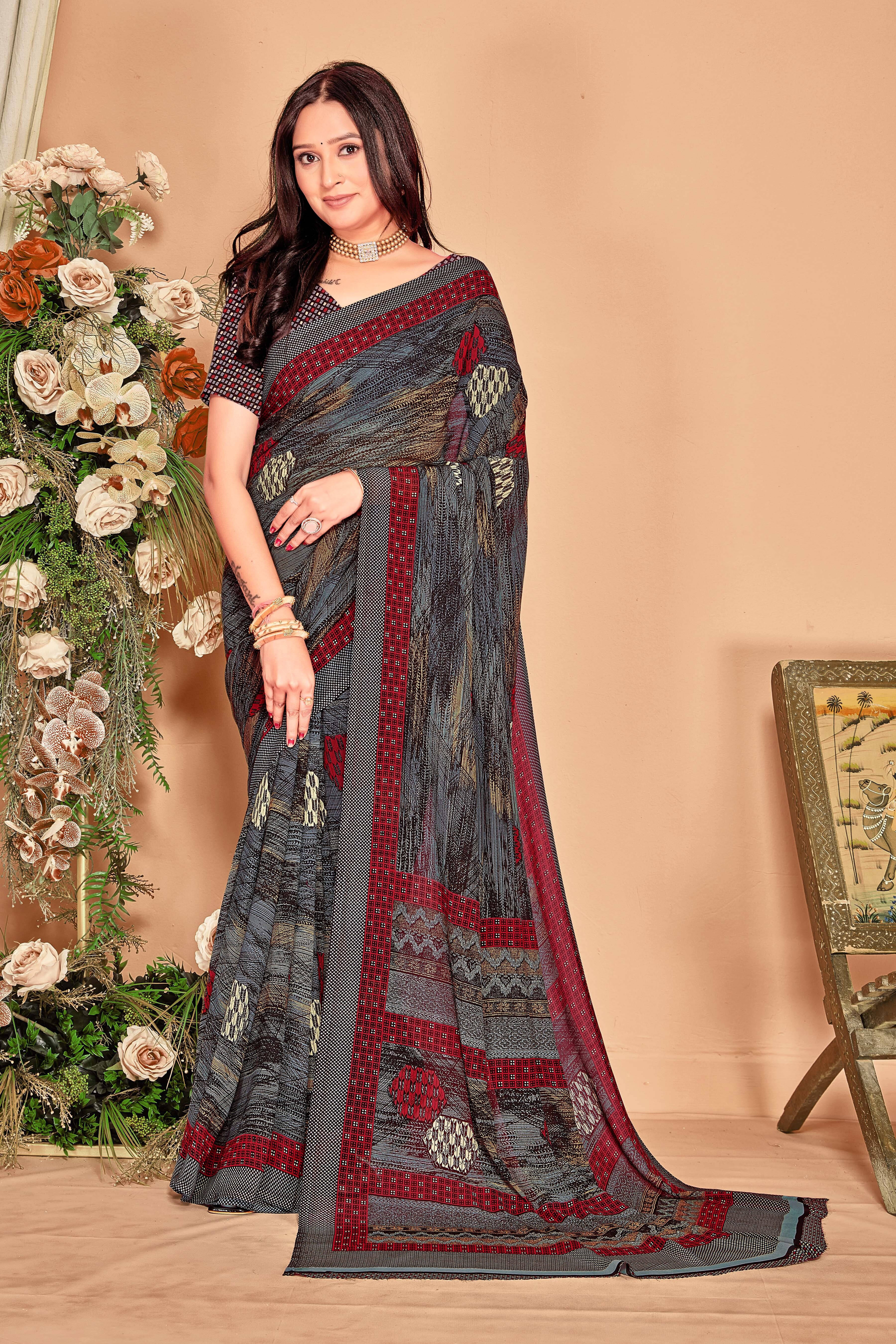 SAREEVE Chiffon Printed Saree With Unstitched Blouse Piece ( Multicolor ) SAREEVE Chiffon Printed Saree With Unstitched Blouse Piece ( Multicolor )
