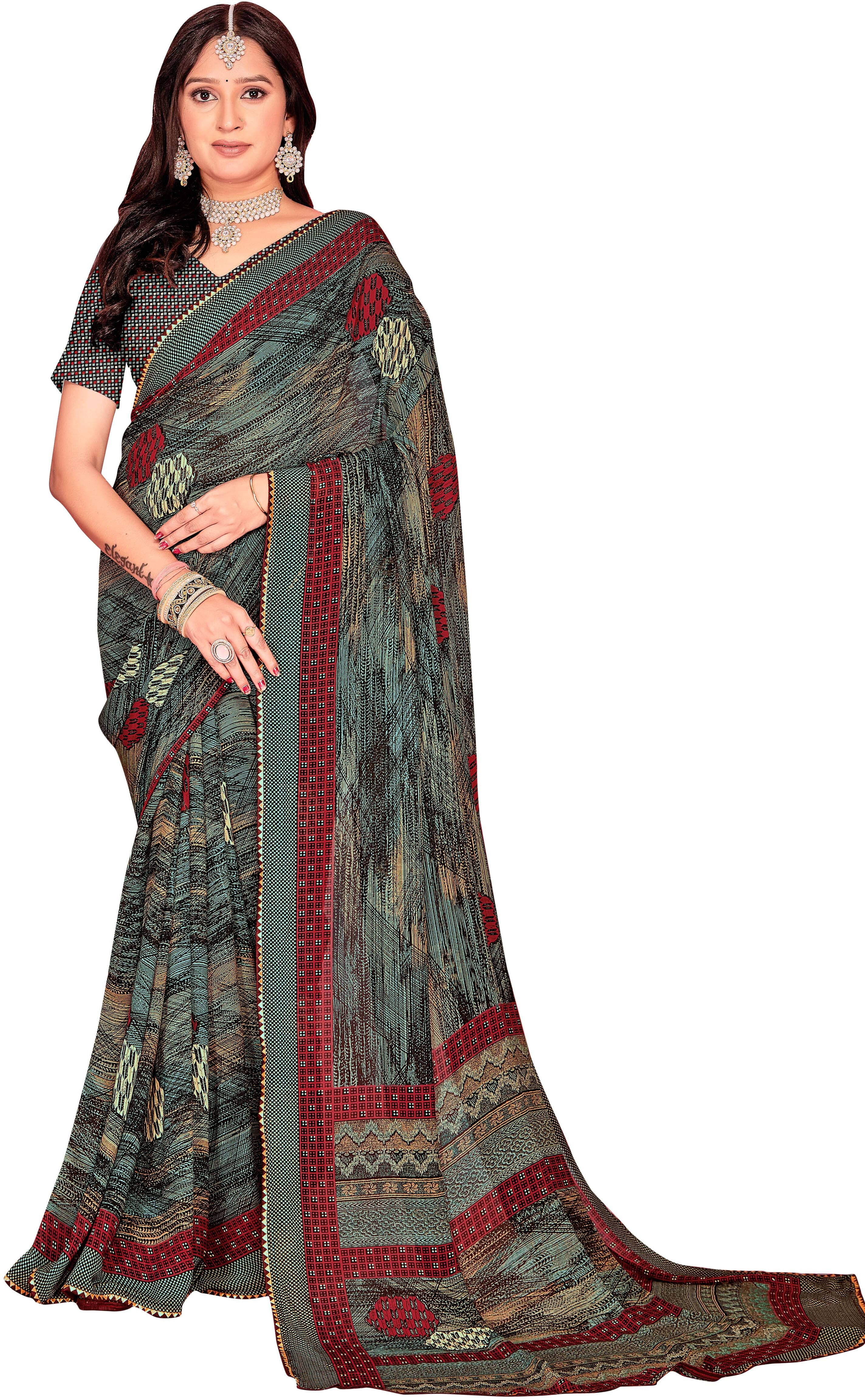     			SAREEVE Chiffon Printed Saree With Unstitched Blouse Piece ( Multicolor )
